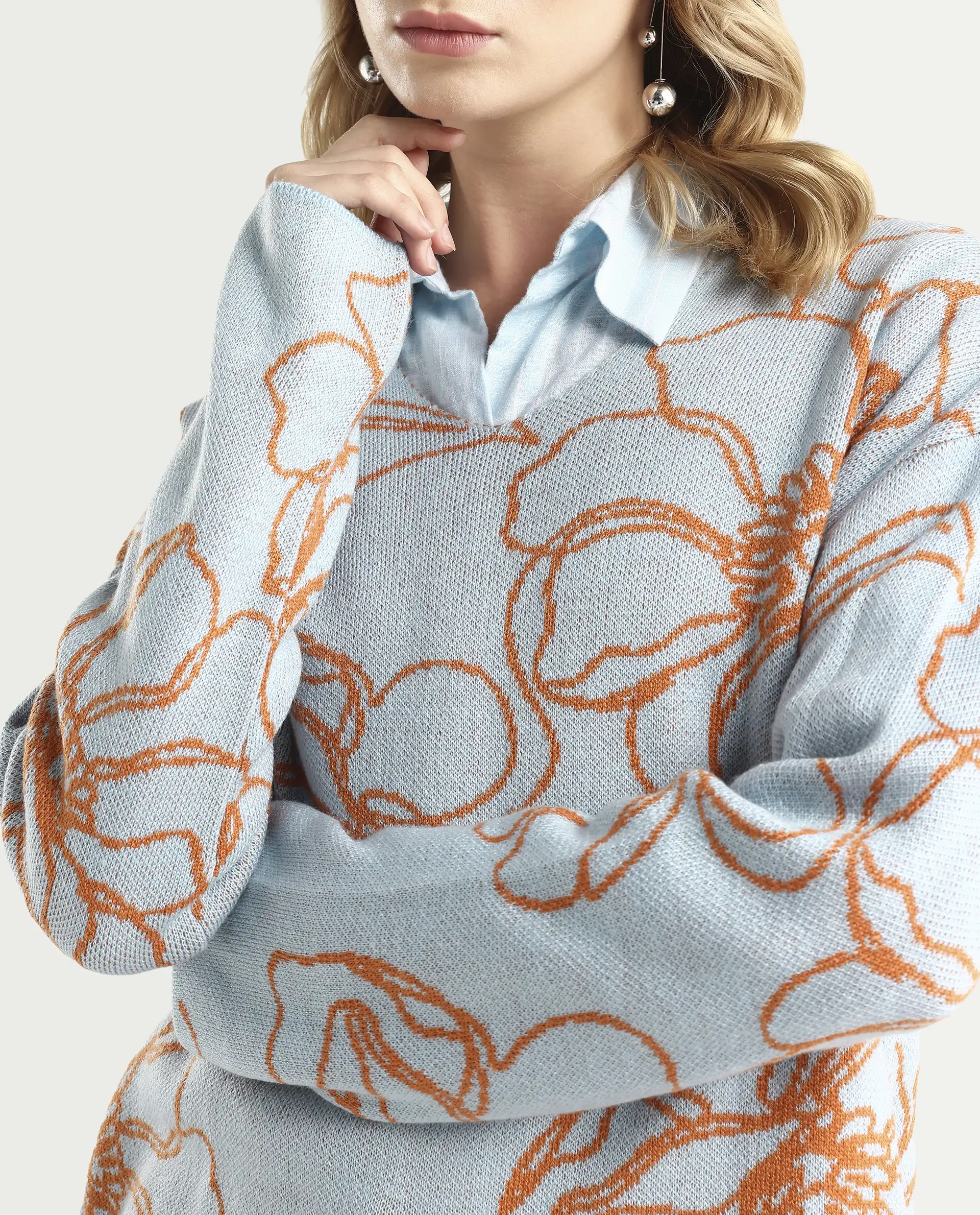 Rareism Women's Stellan Blue Acrylic Boat Neck Floral Print Relaxed Fit Sweater - Image 4