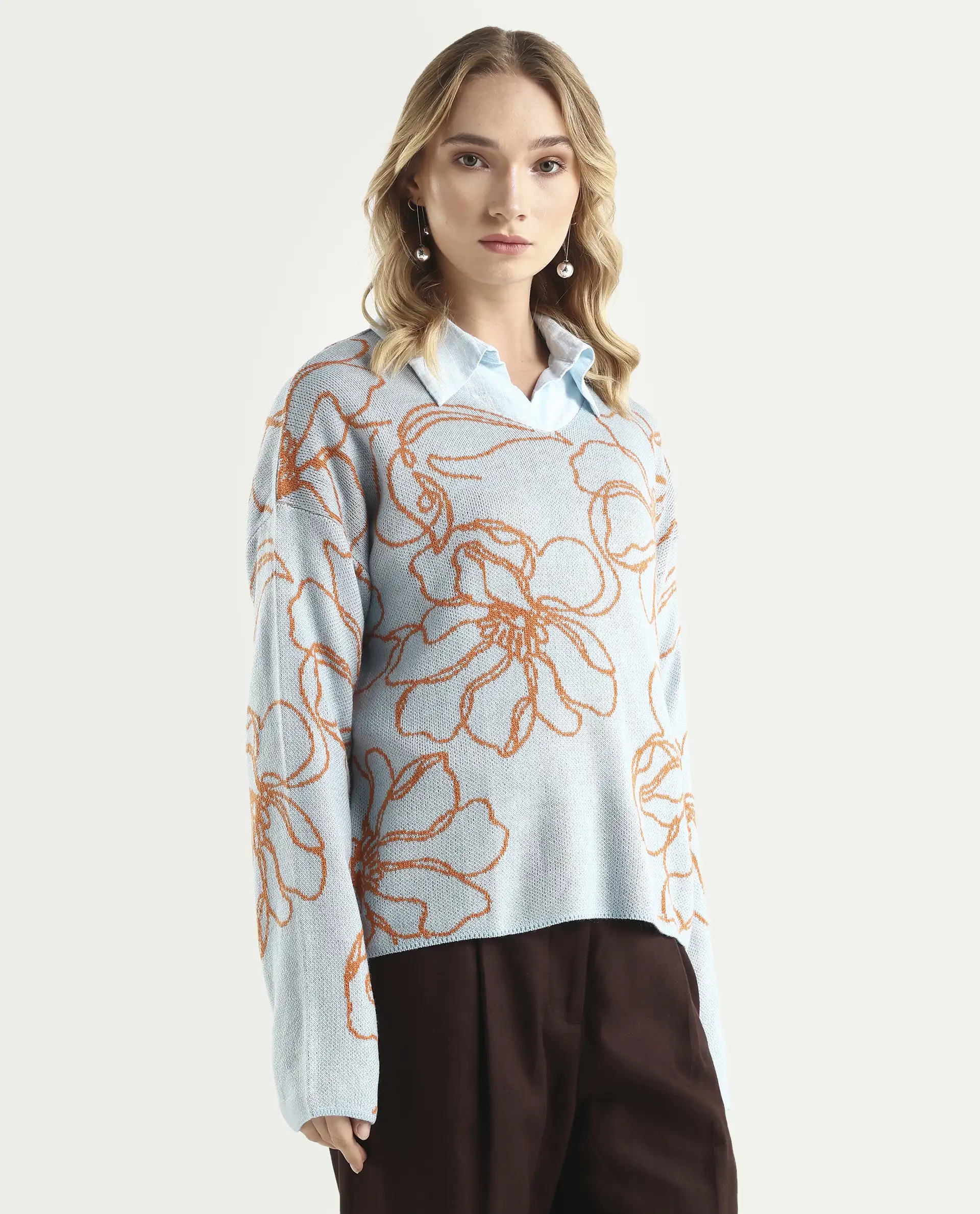 Rareism Women's Stellan Blue Acrylic Boat Neck Floral Print Relaxed Fit Sweater - Image 5