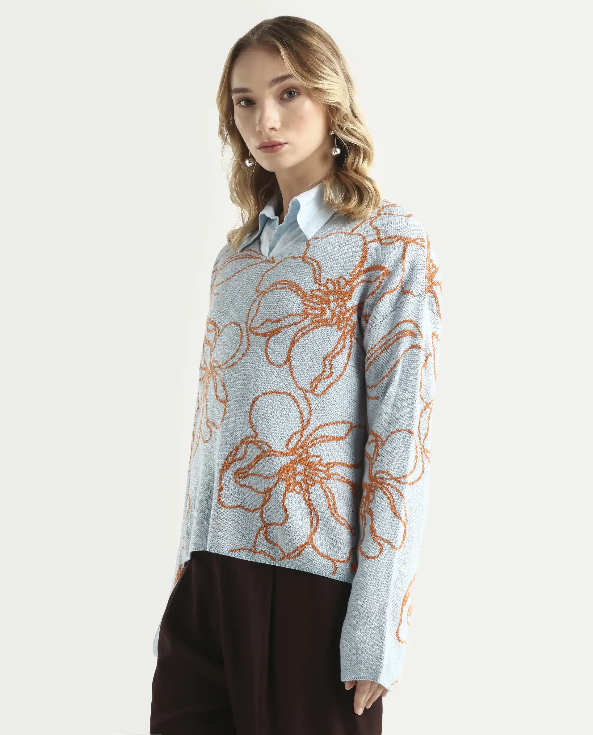 Rareism Women's Stellan Blue Acrylic Boat Neck Floral Print Relaxed Fit Sweater - Image 6