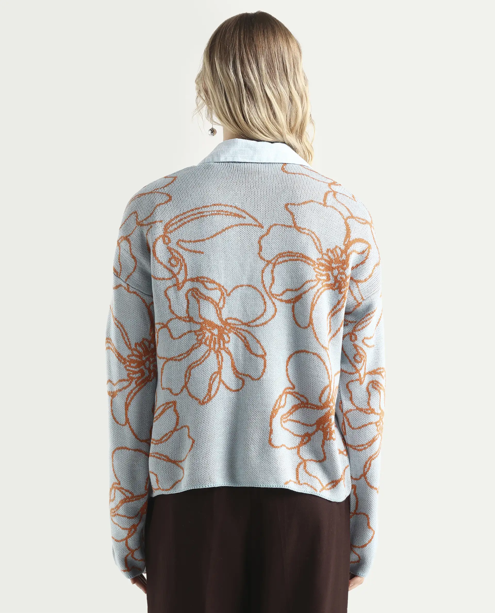 Rareism Women's Stellan Blue Acrylic Boat Neck Floral Print Relaxed Fit Sweater - Image 7