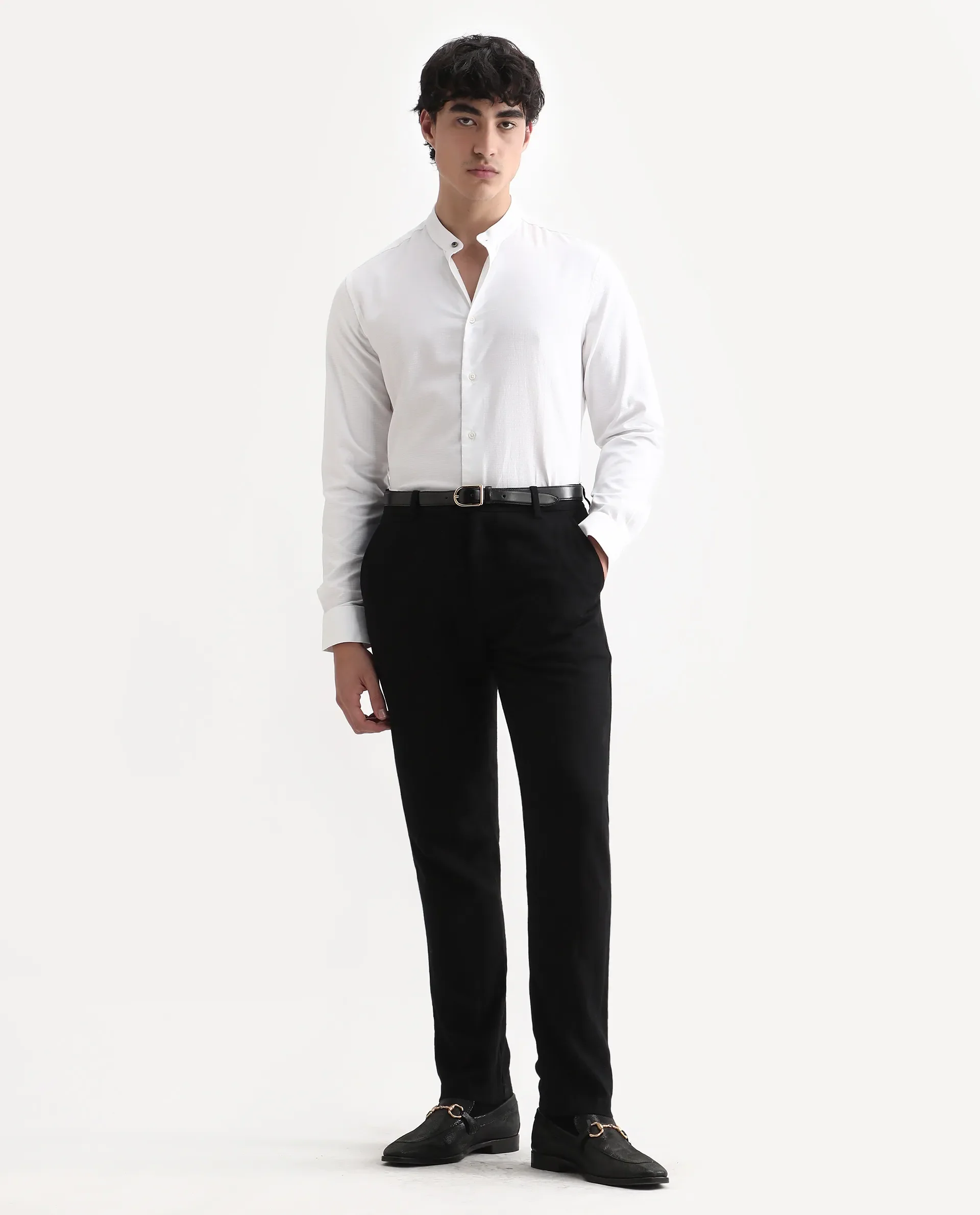 Rare Rabbit Men's Stellar White Cotton Checked Print Regular Fit Full Sleeve Mandarin Collar Shirt - Image 2