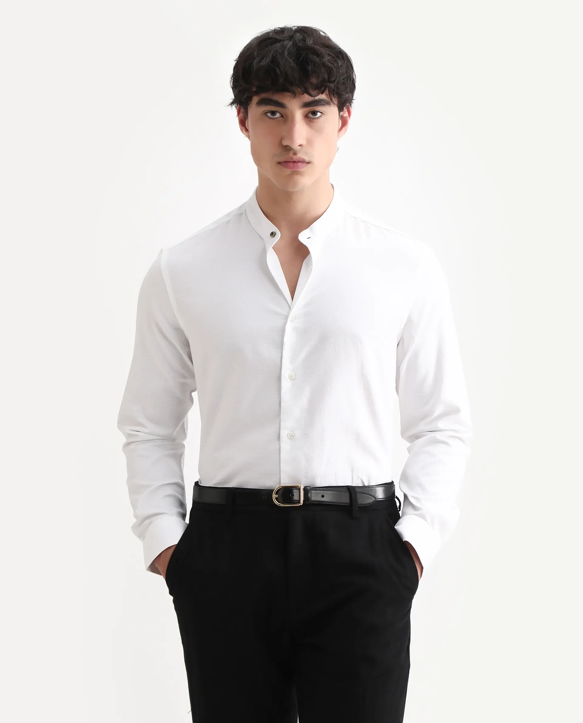 Rare Rabbit Men's Stellar White Cotton Checked Print Regular Fit Full Sleeve Mandarin Collar Shirt - Image 4