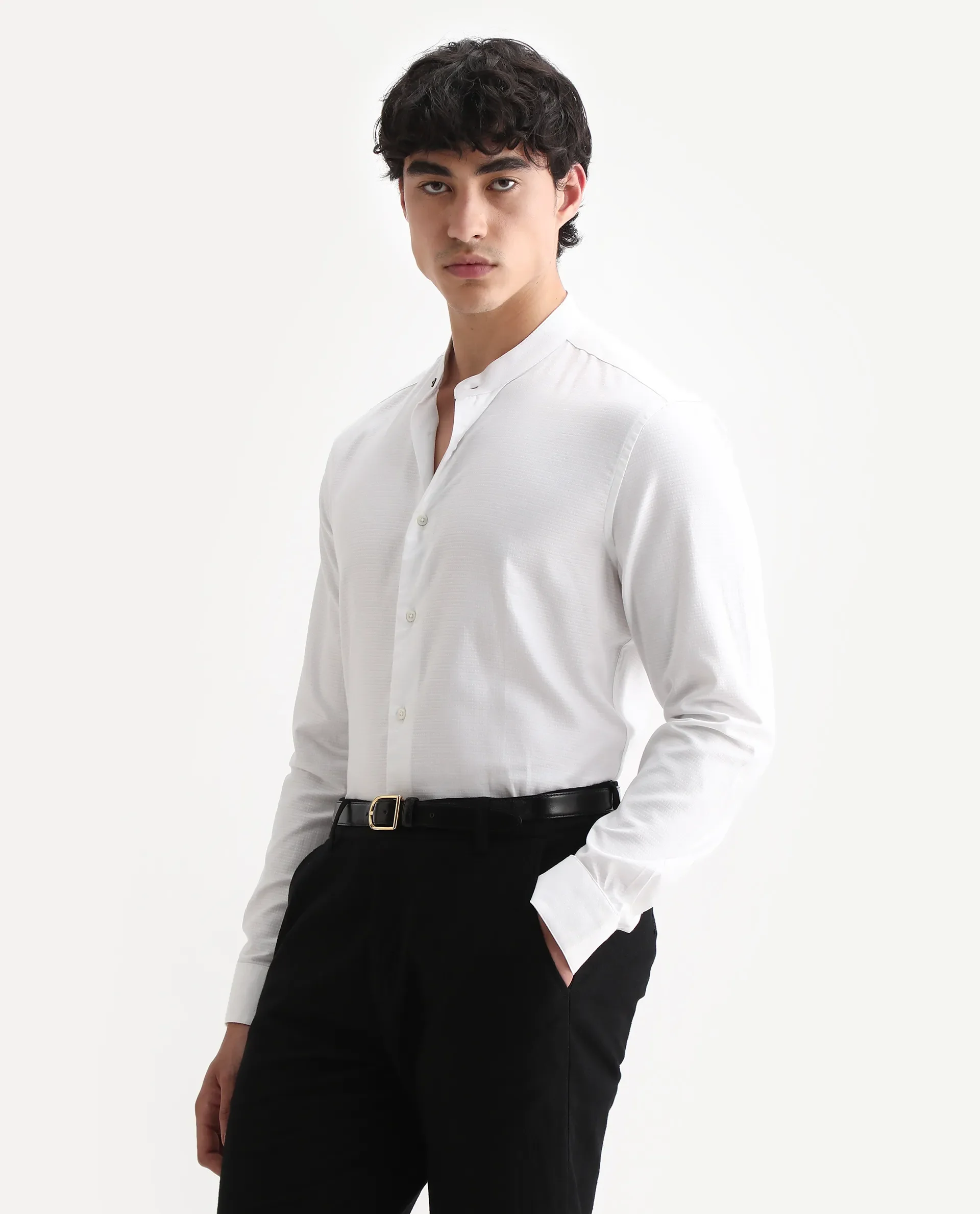 Rare Rabbit Men's Stellar White Cotton Checked Print Regular Fit Full Sleeve Mandarin Collar Shirt - Image 5