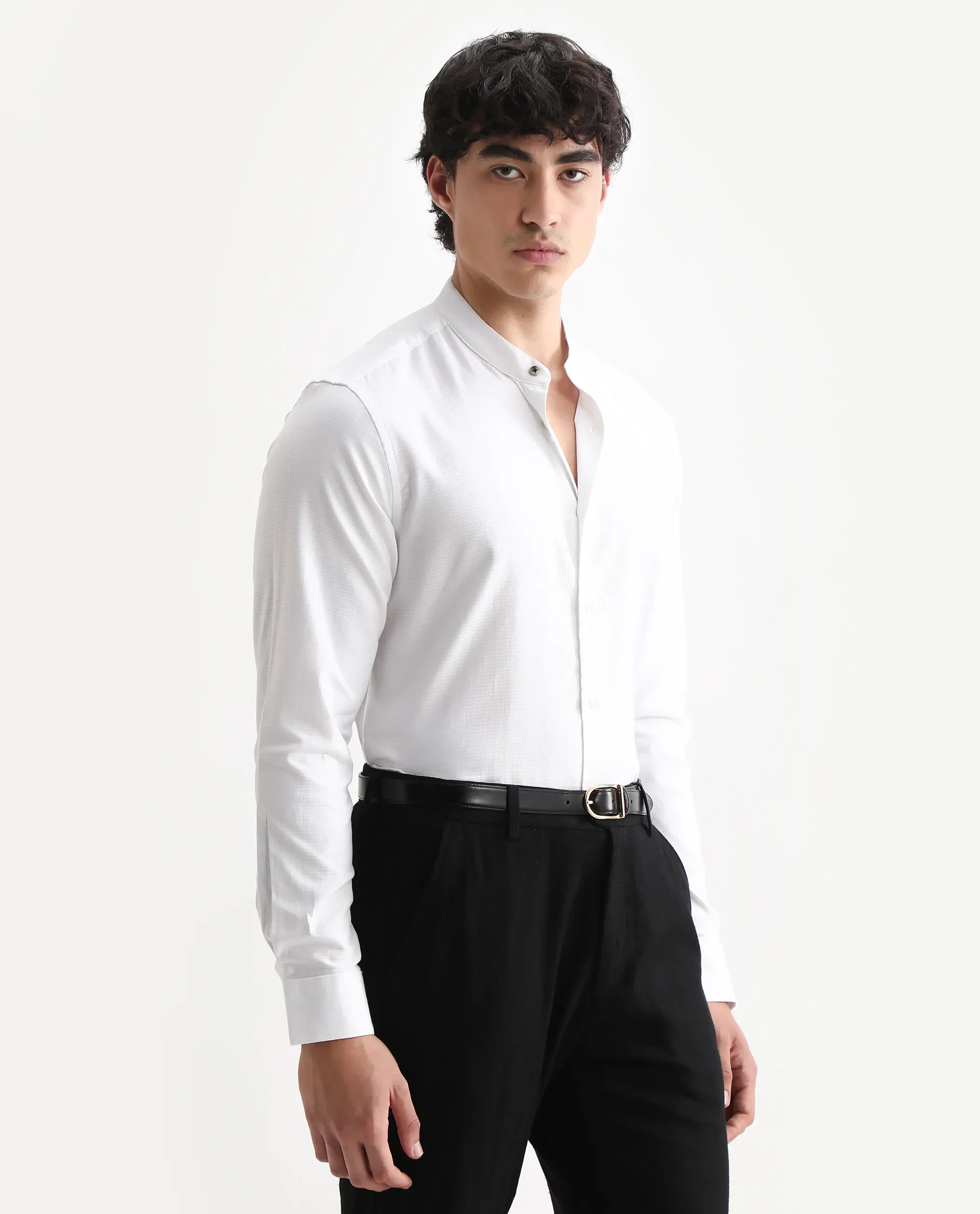 Rare Rabbit Men's Stellar White Cotton Checked Print Regular Fit Full Sleeve Mandarin Collar Shirt - Image 6