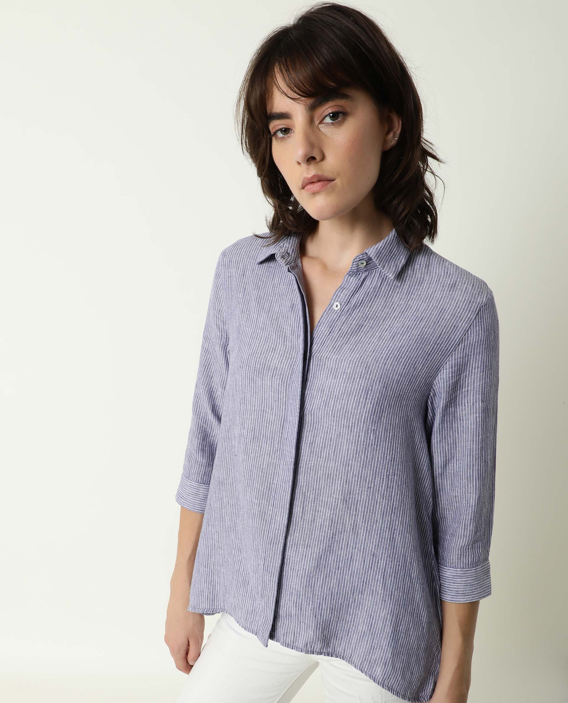 Rareism Womens Stellio Blue Top Cotton Linen Fabric 3/4 Sleeve Collared Neck - Image 10