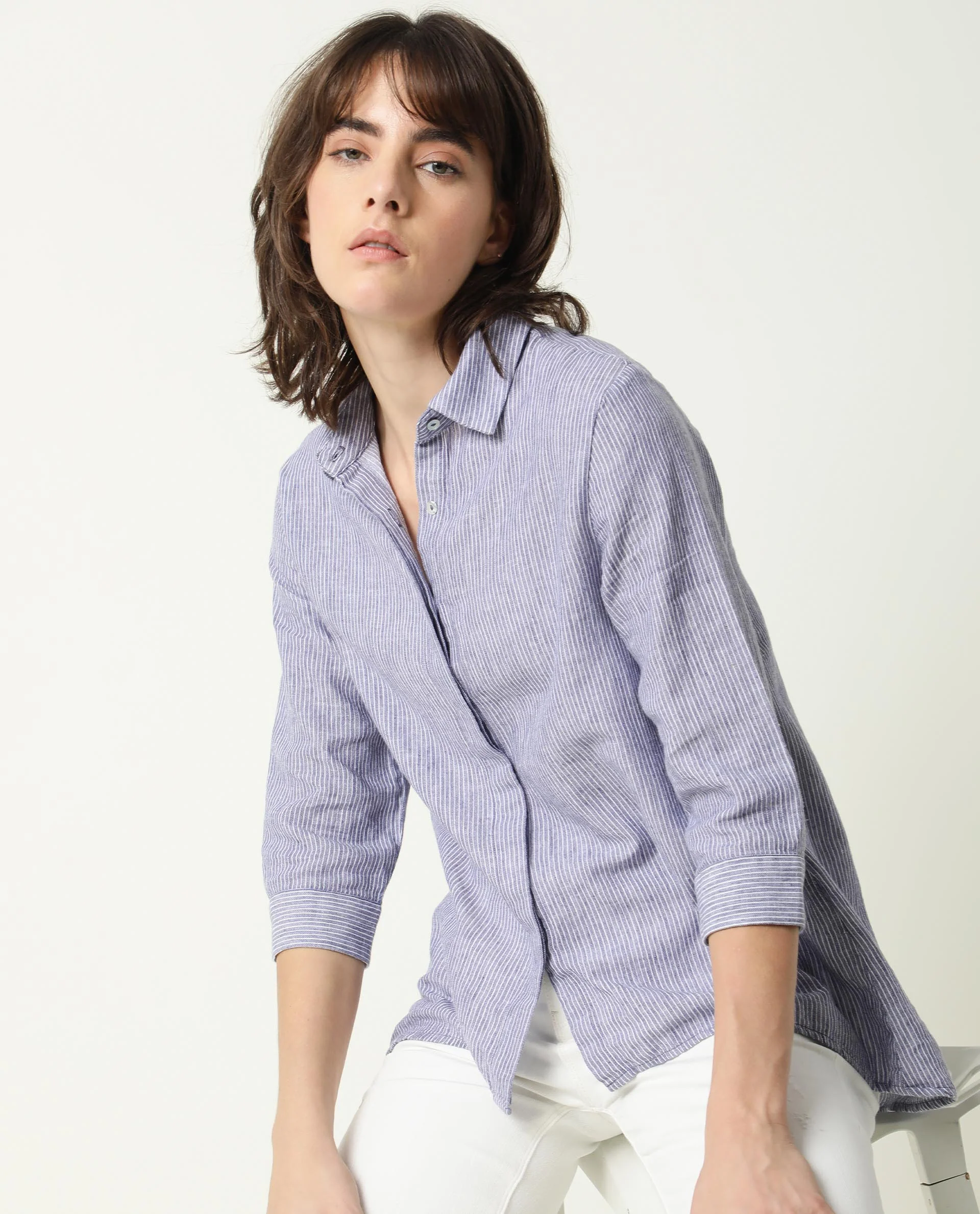 Rareism Womens Stellio Blue Top Cotton Linen Fabric 3/4 Sleeve Collared Neck - Image 2