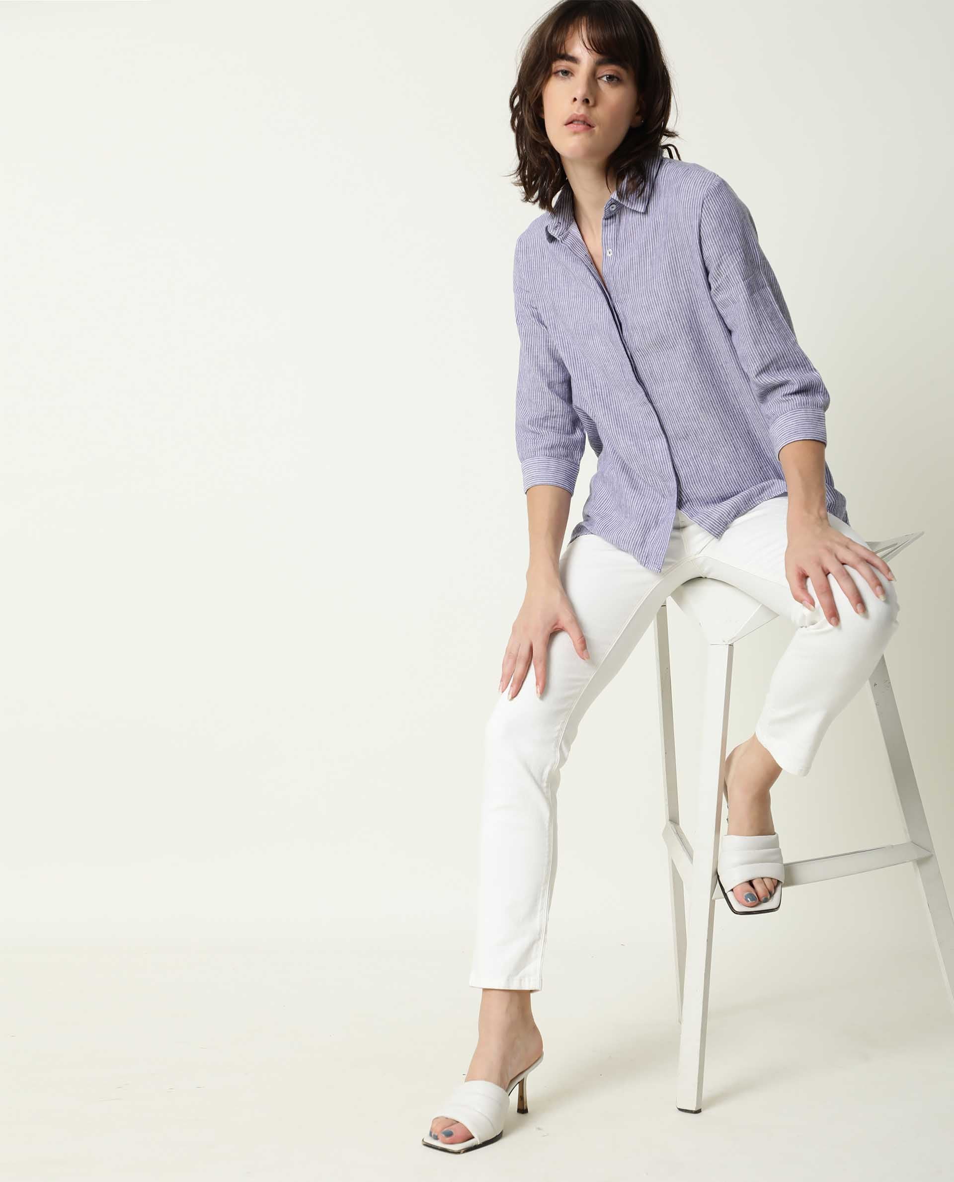 Rareism Womens Stellio Blue Top Cotton Linen Fabric 3/4 Sleeve Collared Neck - Image 3
