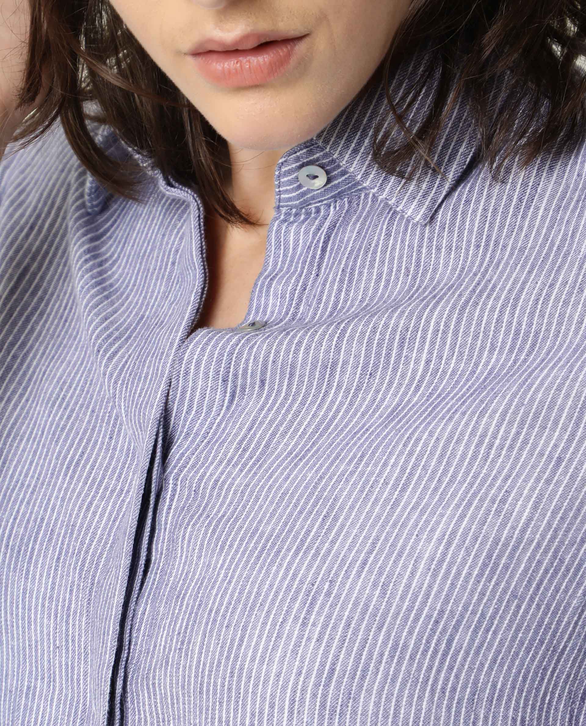 Rareism Womens Stellio Blue Top Cotton Linen Fabric 3/4 Sleeve Collared Neck - Image 4