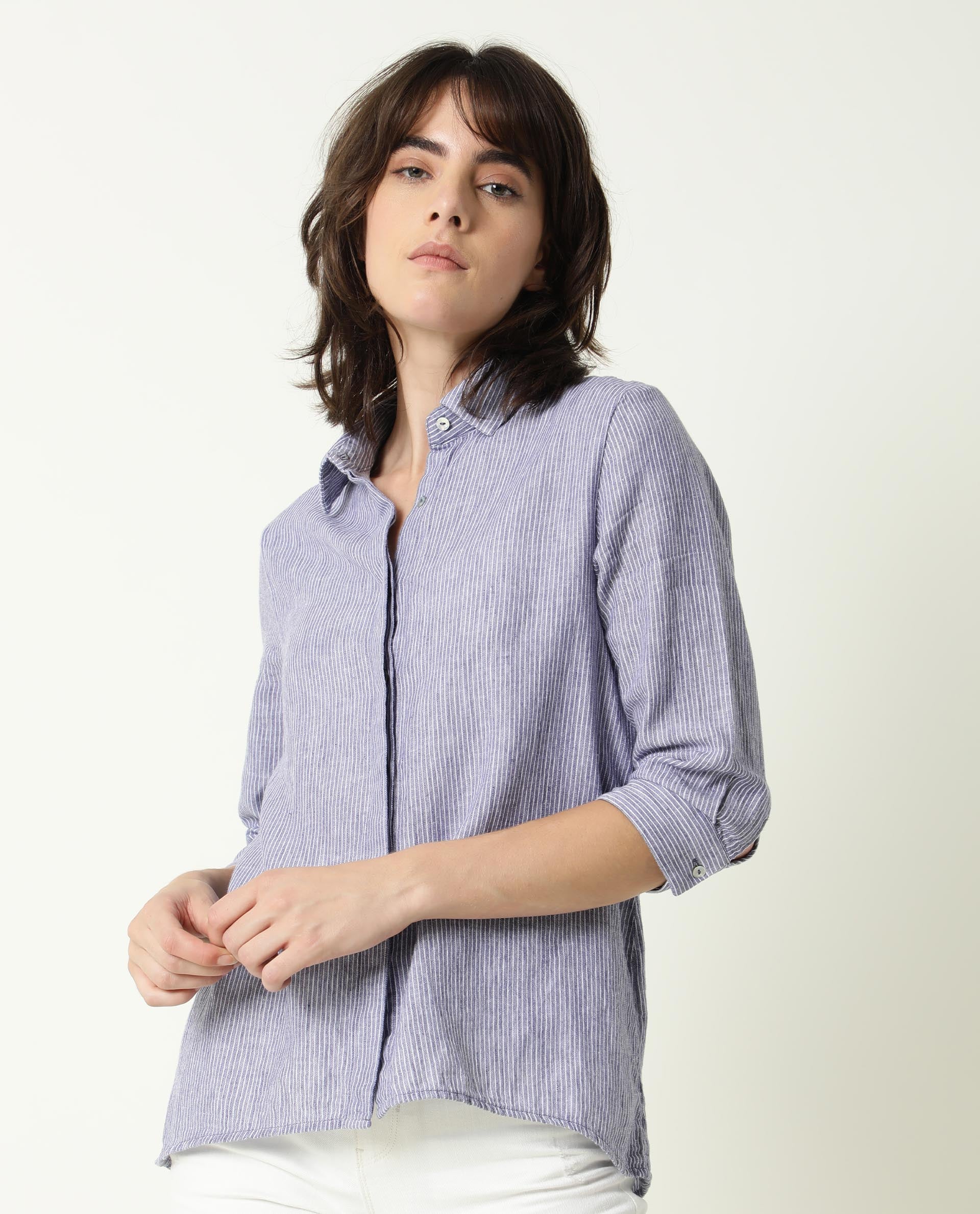 Rareism Womens Stellio Blue Top Cotton Linen Fabric 3/4 Sleeve Collared Neck - Image 5