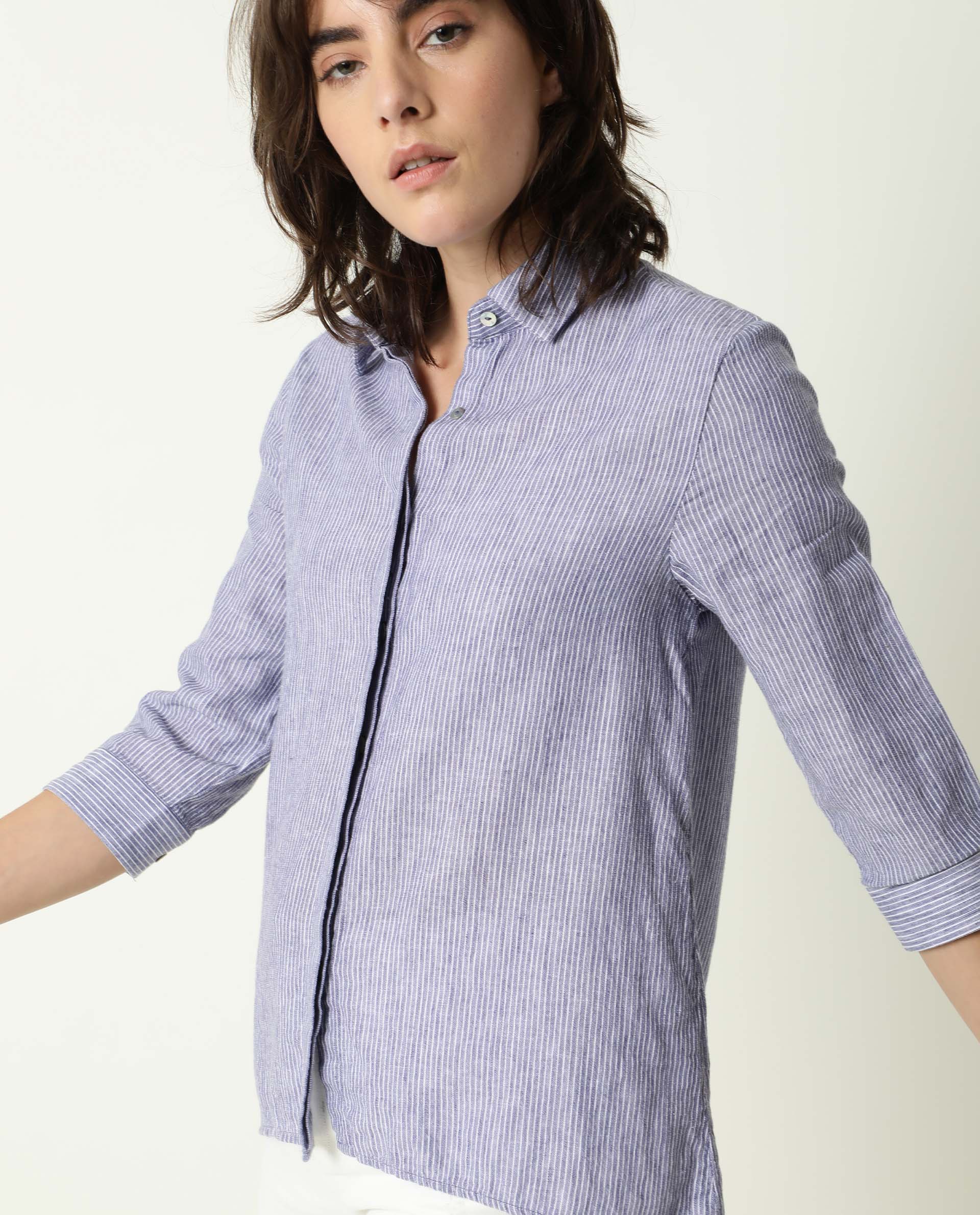 Rareism Womens Stellio Blue Top Cotton Linen Fabric 3/4 Sleeve Collared Neck - Image 6