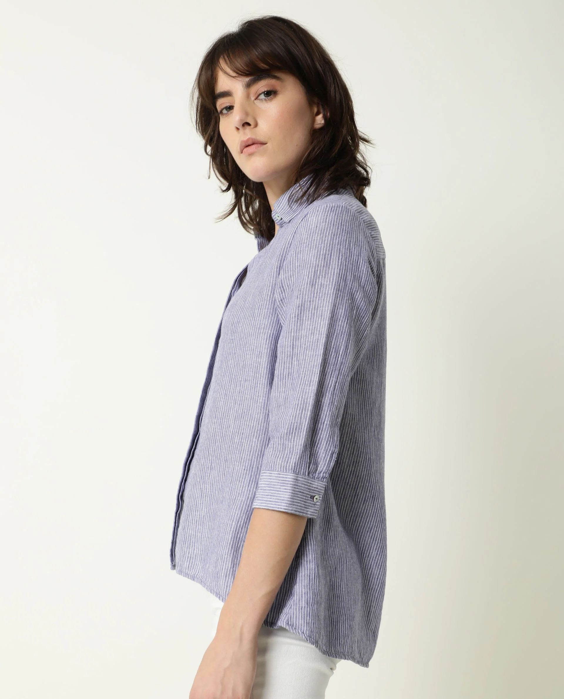 Rareism Womens Stellio Blue Top Cotton Linen Fabric 3/4 Sleeve Collared Neck - Image 7