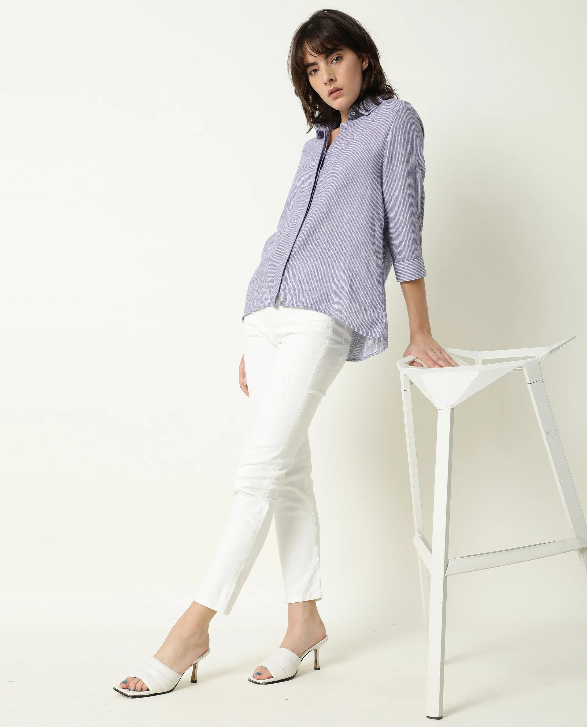 Rareism Womens Stellio Blue Top Cotton Linen Fabric 3/4 Sleeve Collared Neck - Image 8