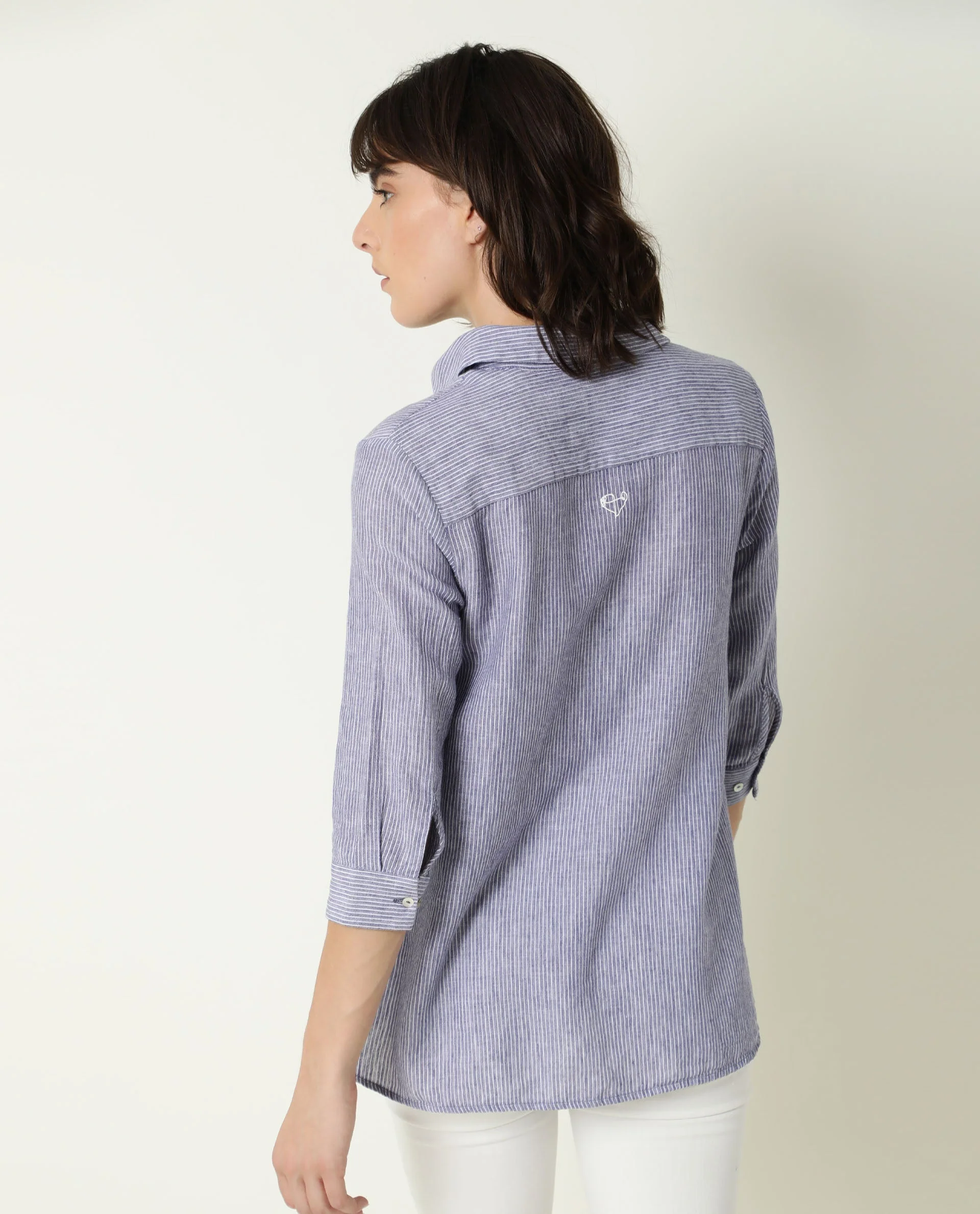 Rareism Womens Stellio Blue Top Cotton Linen Fabric 3/4 Sleeve Collared Neck - Image 9