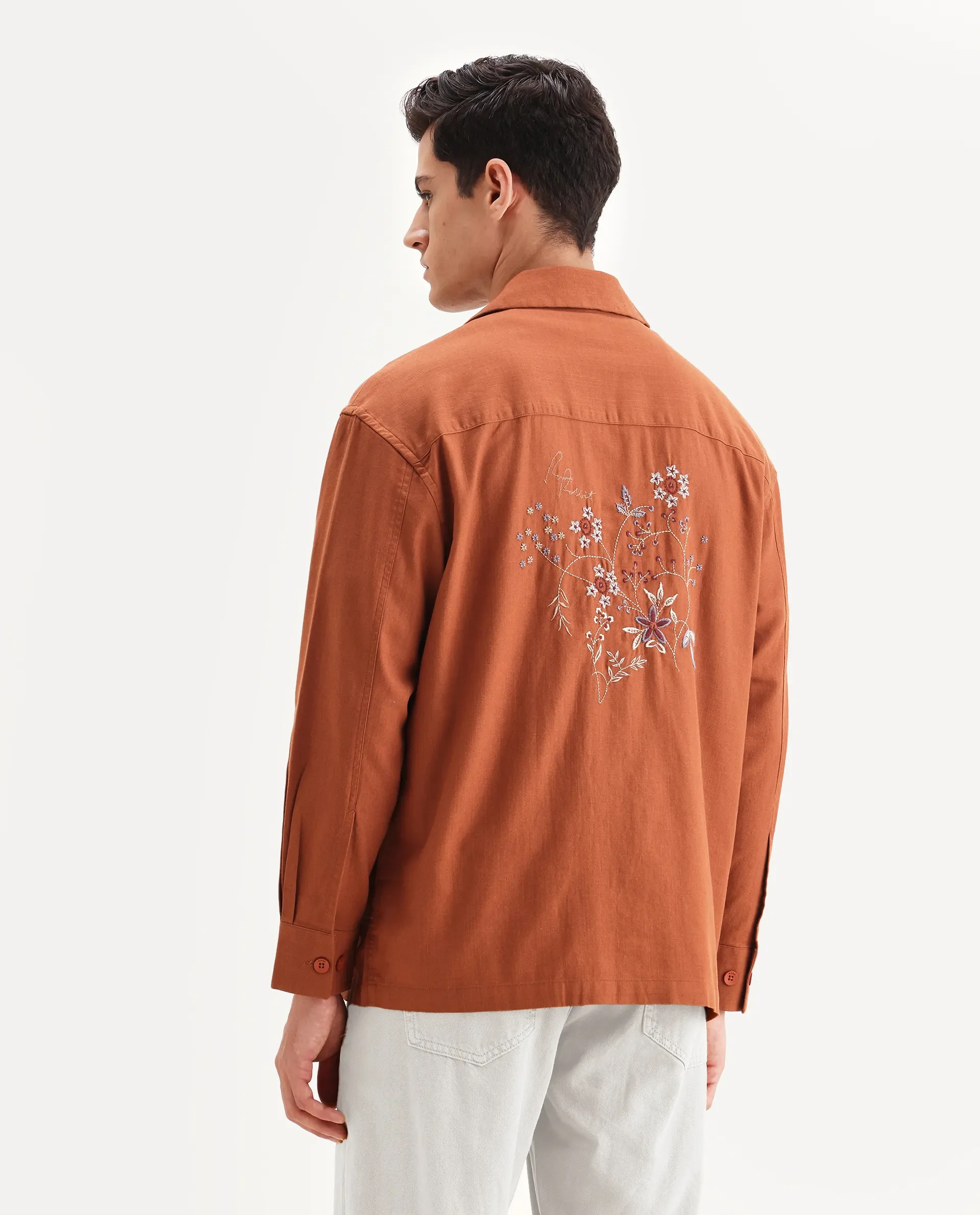 Rare Rabbit Men's Stenay Rust Cotton Blend Embroidered Regular Fit Full Sleeve Cuban Collar Shirt - Image 10