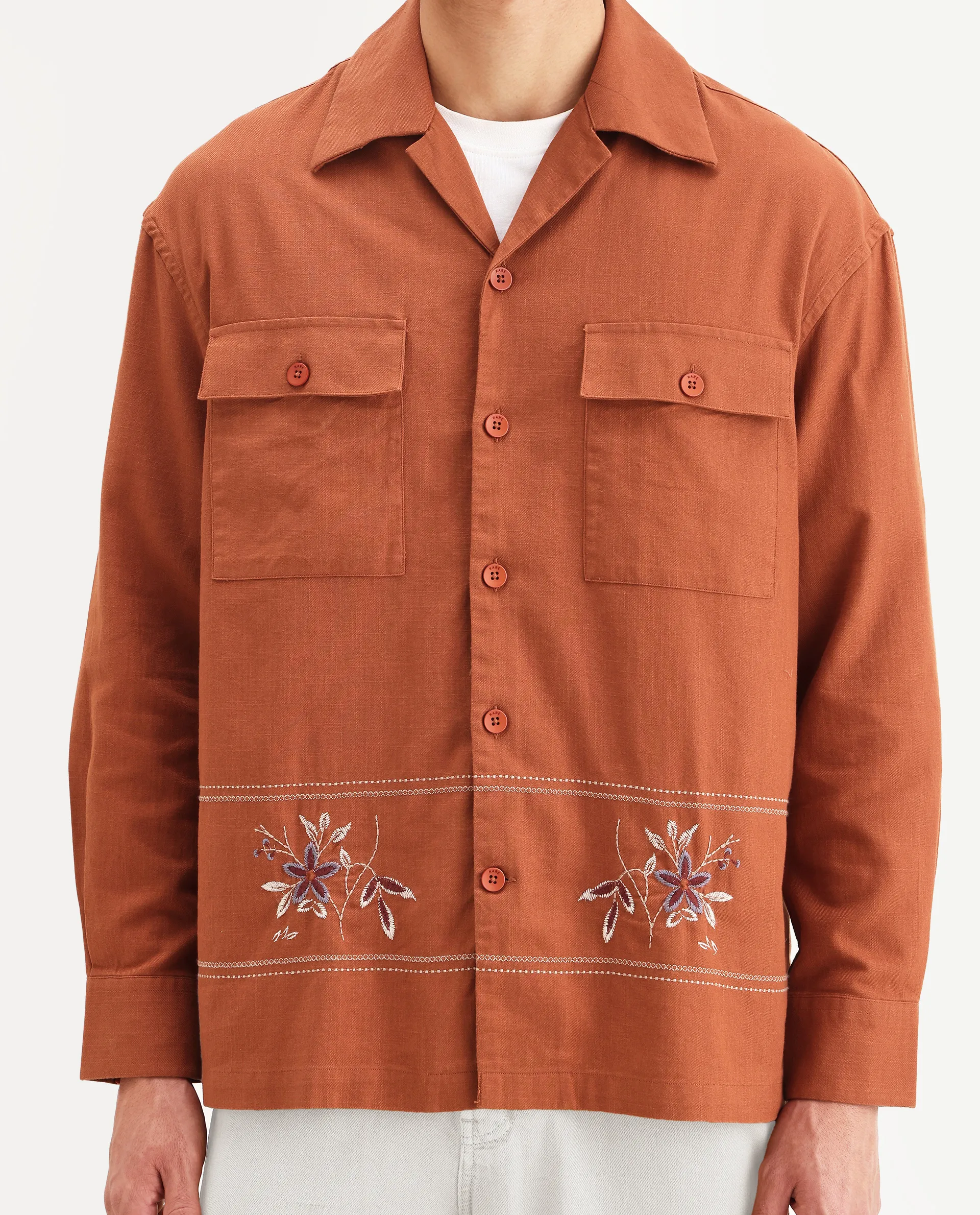 Rare Rabbit Men's Stenay Rust Cotton Blend Embroidered Regular Fit Full Sleeve Cuban Collar Shirt - Image 3