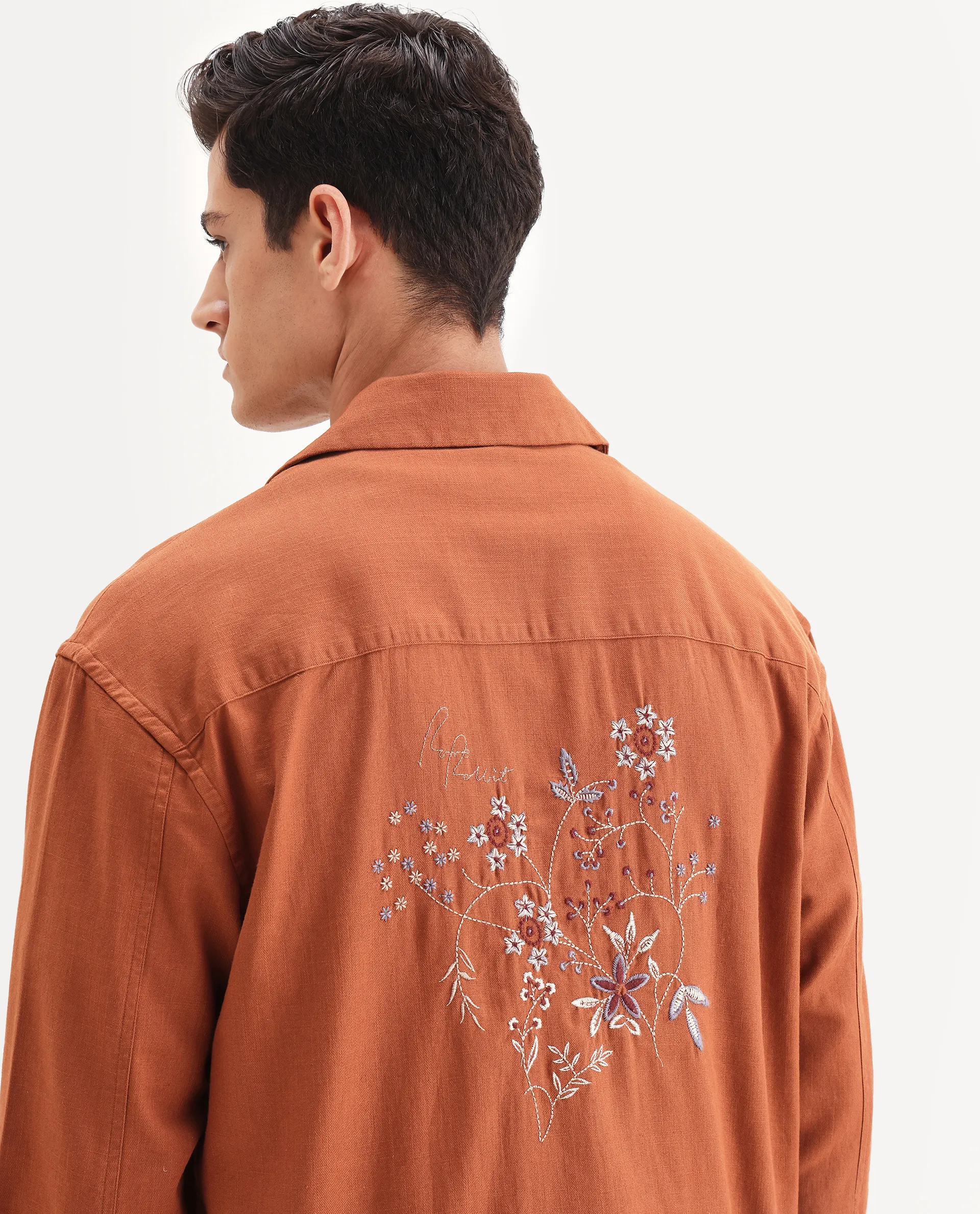 Rare Rabbit Men's Stenay Rust Cotton Blend Embroidered Regular Fit Full Sleeve Cuban Collar Shirt - Image 4
