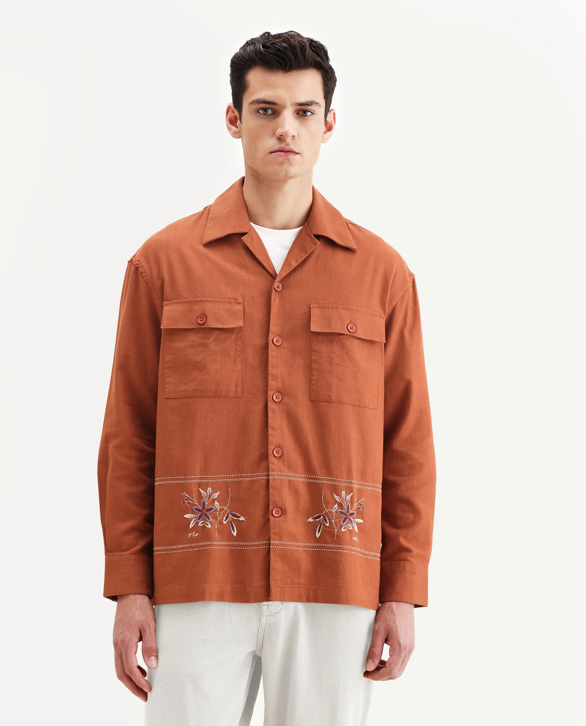 Rare Rabbit Men's Stenay Rust Cotton Blend Embroidered Regular Fit Full Sleeve Cuban Collar Shirt - Image 5