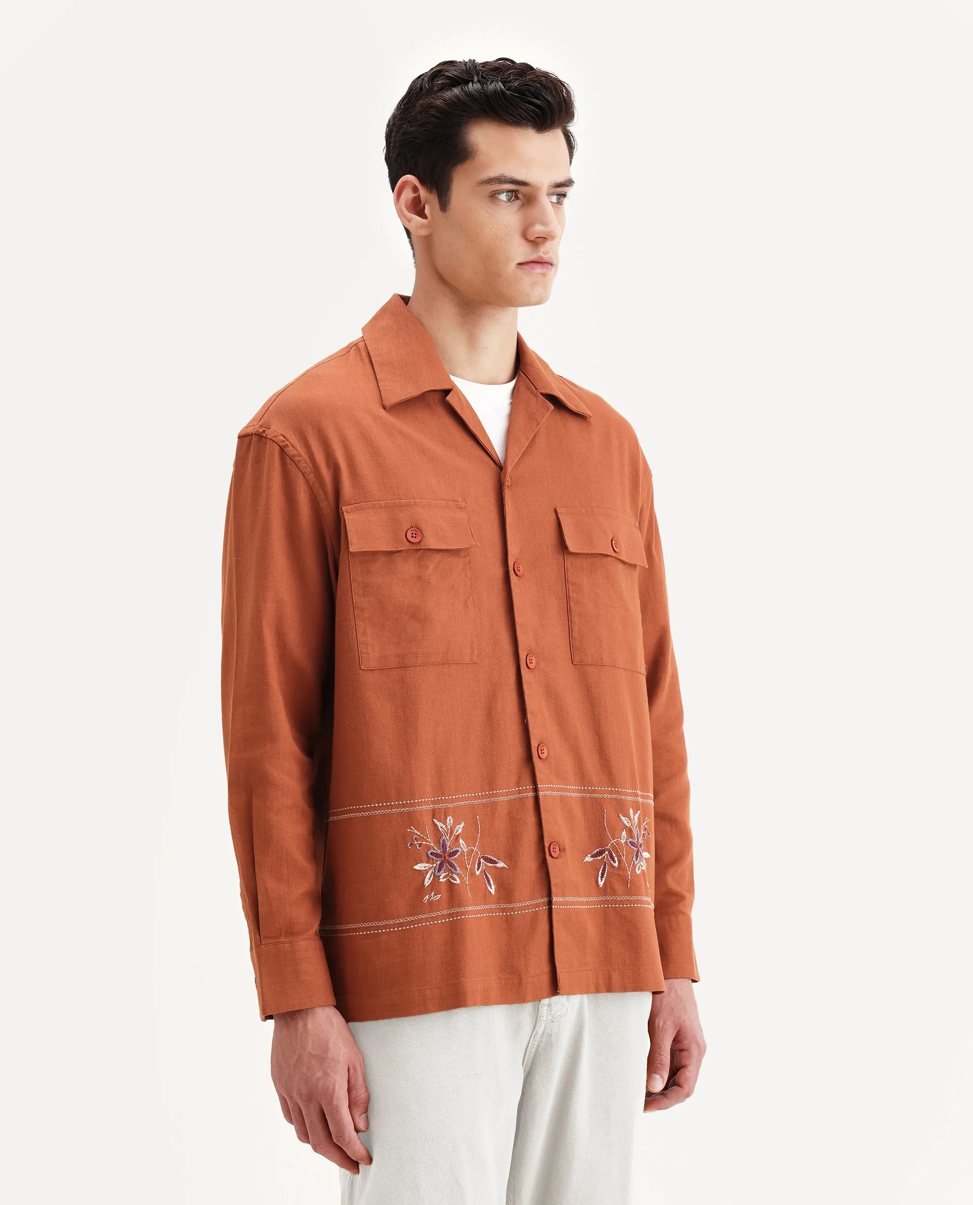 Rare Rabbit Men's Stenay Rust Cotton Blend Embroidered Regular Fit Full Sleeve Cuban Collar Shirt - Image 6