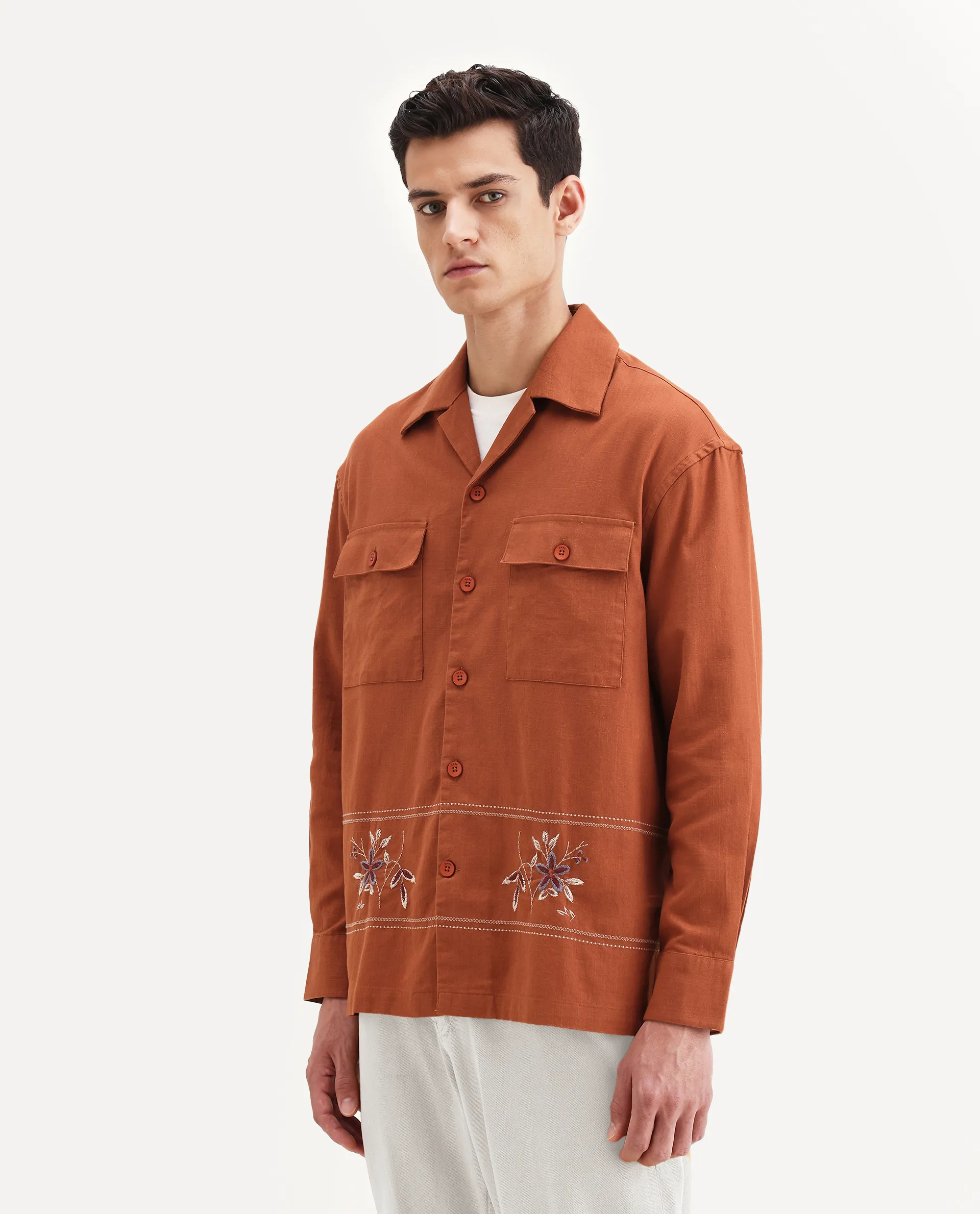 Rare Rabbit Men's Stenay Rust Cotton Blend Embroidered Regular Fit Full Sleeve Cuban Collar Shirt - Image 7