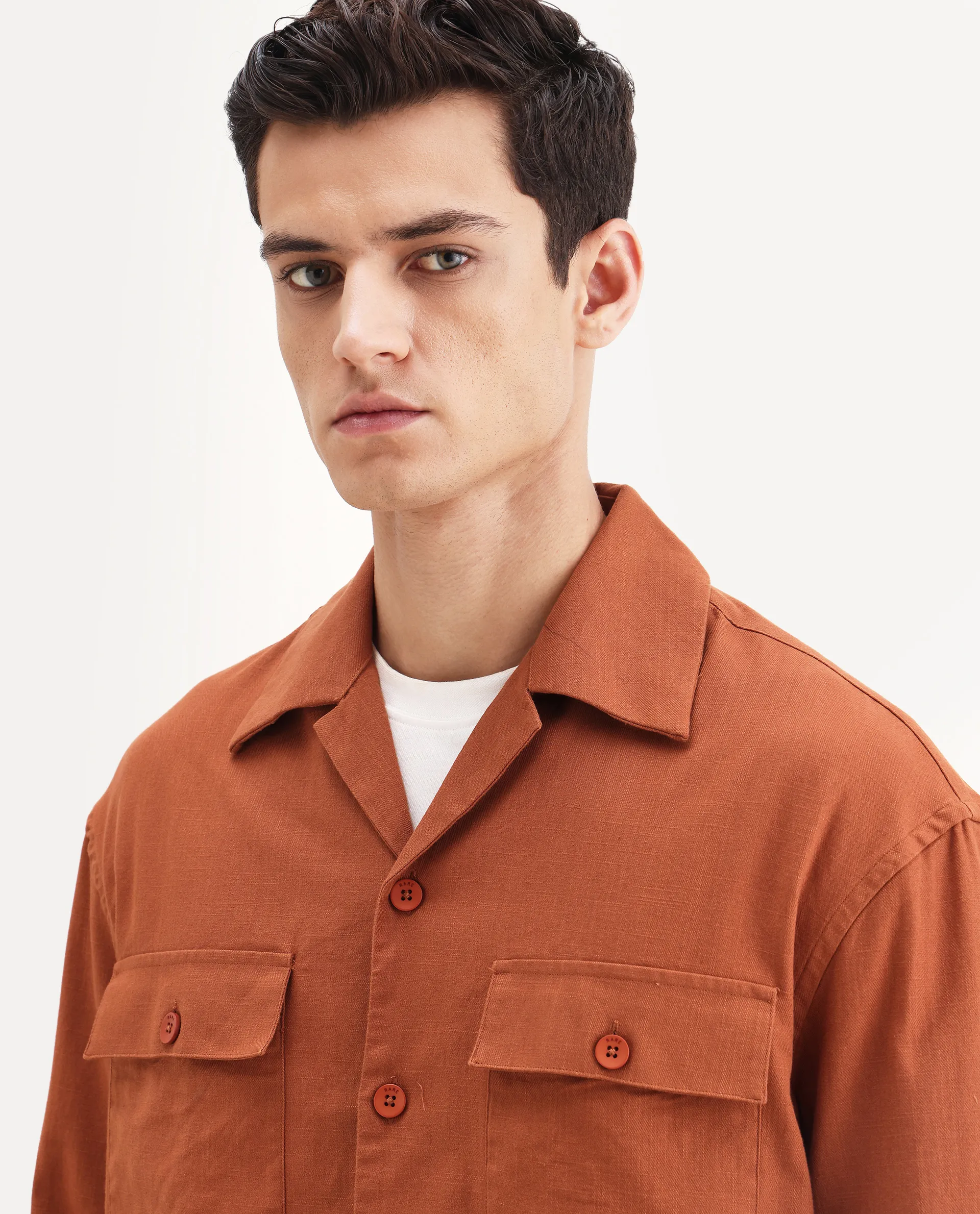 Rare Rabbit Men's Stenay Rust Cotton Blend Embroidered Regular Fit Full Sleeve Cuban Collar Shirt - Image 9