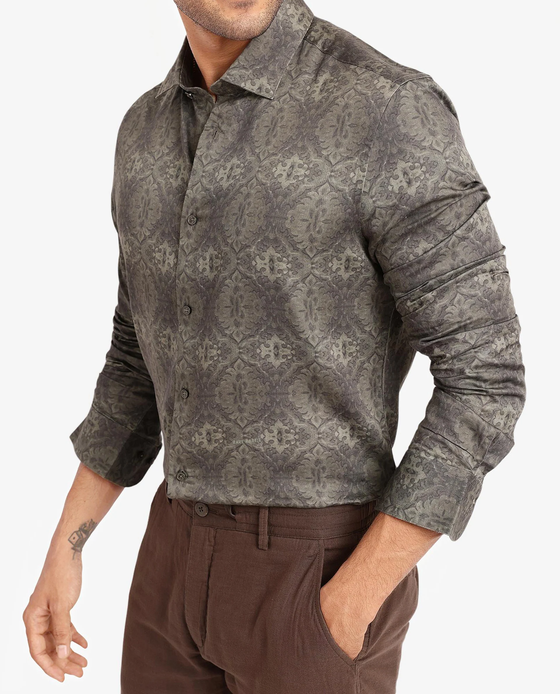 Rare Rabbit Men's Steno Dark Olive Cotton Decorative Print Regular Fit Full Sleeve Collared Shirt - Image 3