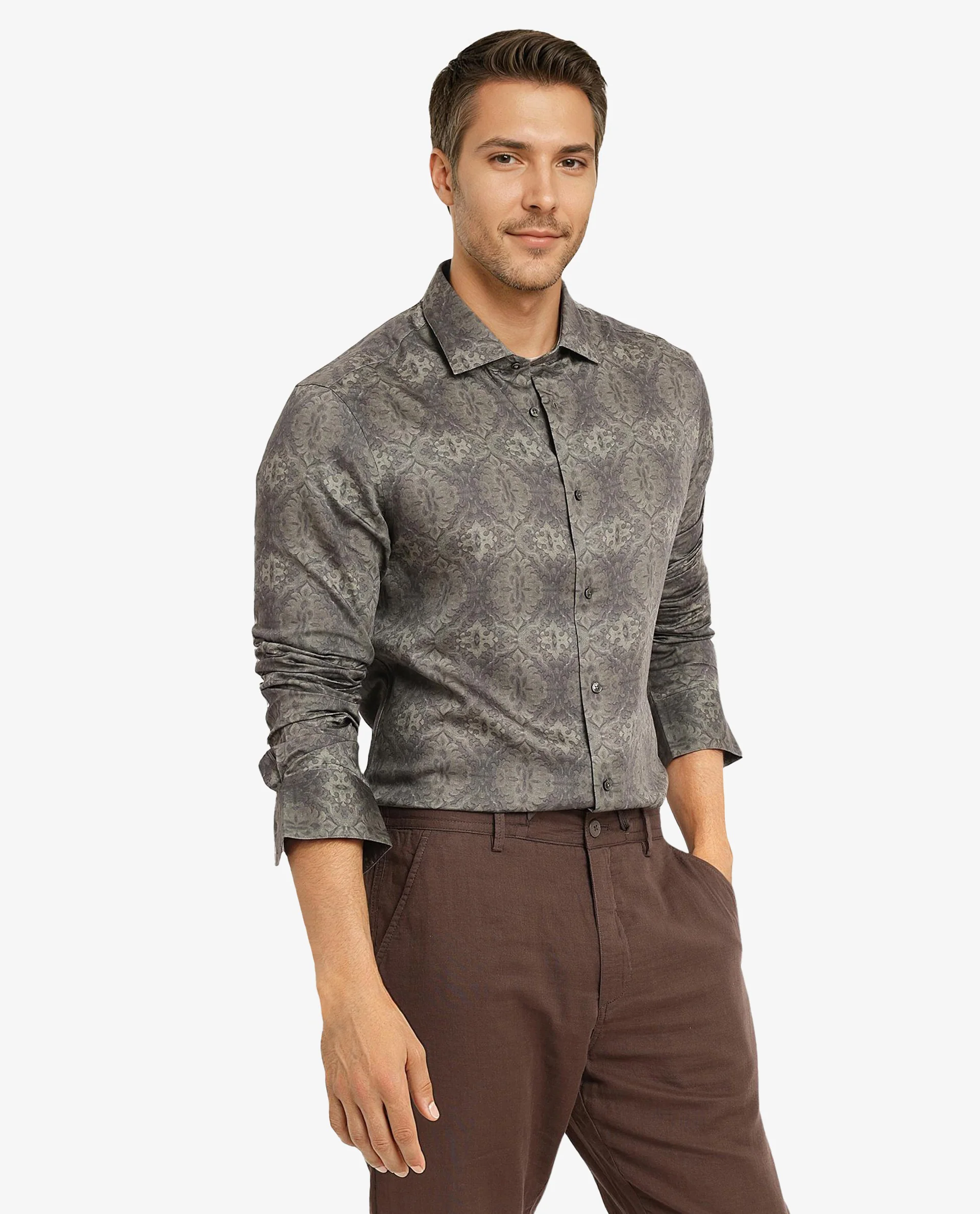 Rare Rabbit Men's Steno Dark Olive Cotton Decorative Print Regular Fit Full Sleeve Collared Shirt - Image 5