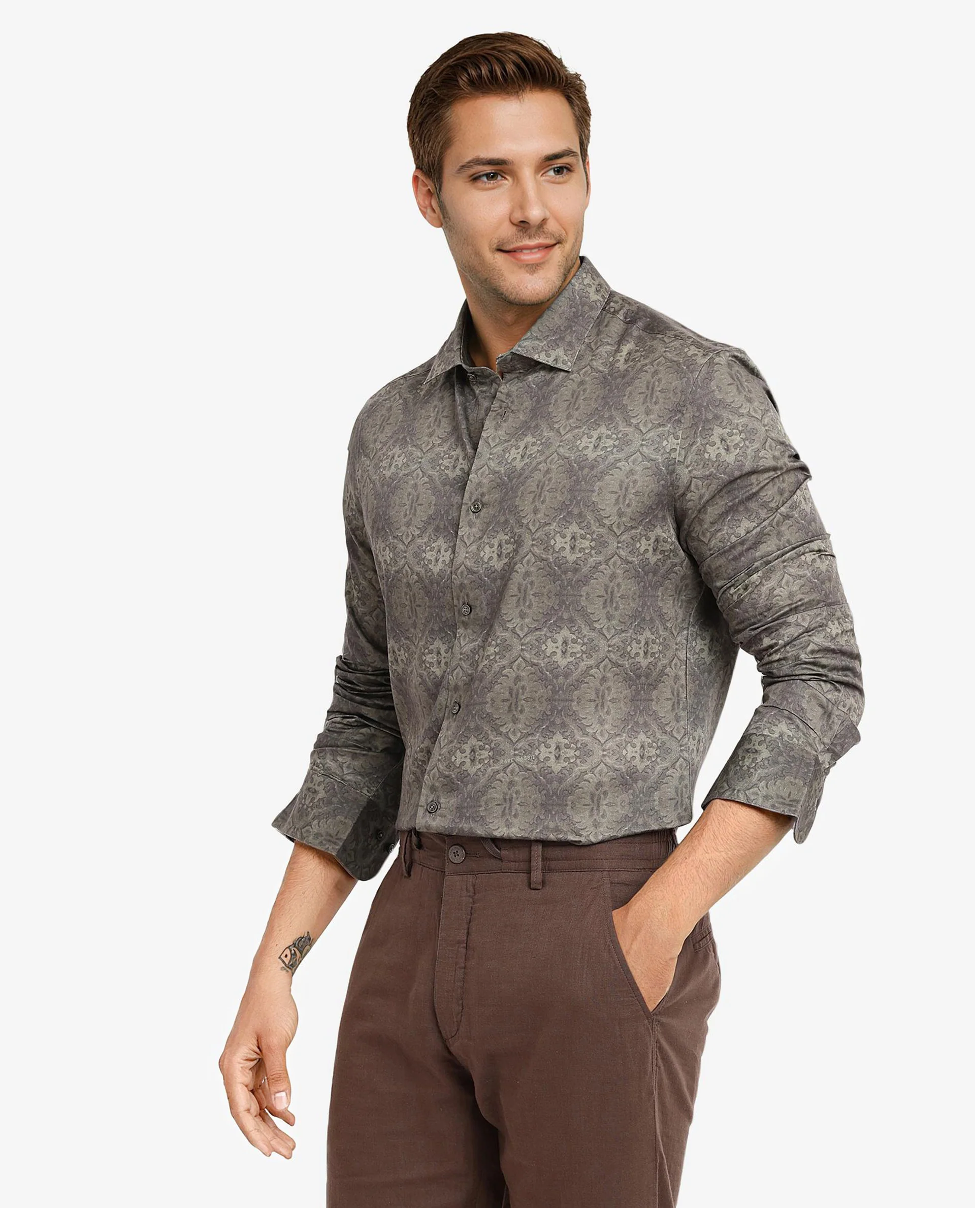 Rare Rabbit Men's Steno Dark Olive Cotton Decorative Print Regular Fit Full Sleeve Collared Shirt - Image 6