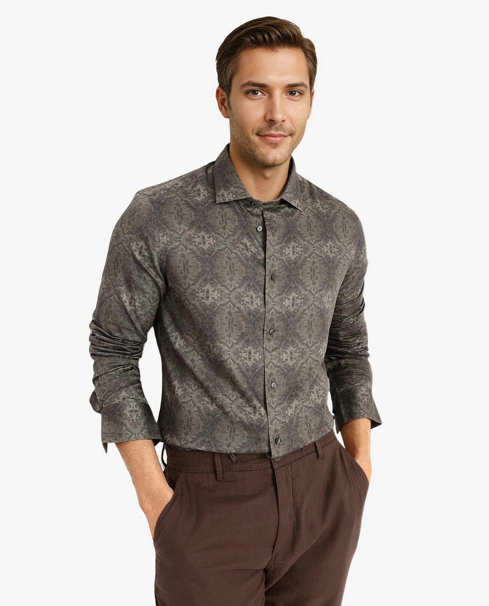 Rare Rabbit Men's Steno Dark Olive Cotton Decorative Print Regular Fit Full Sleeve Collared Shirt - Image 8