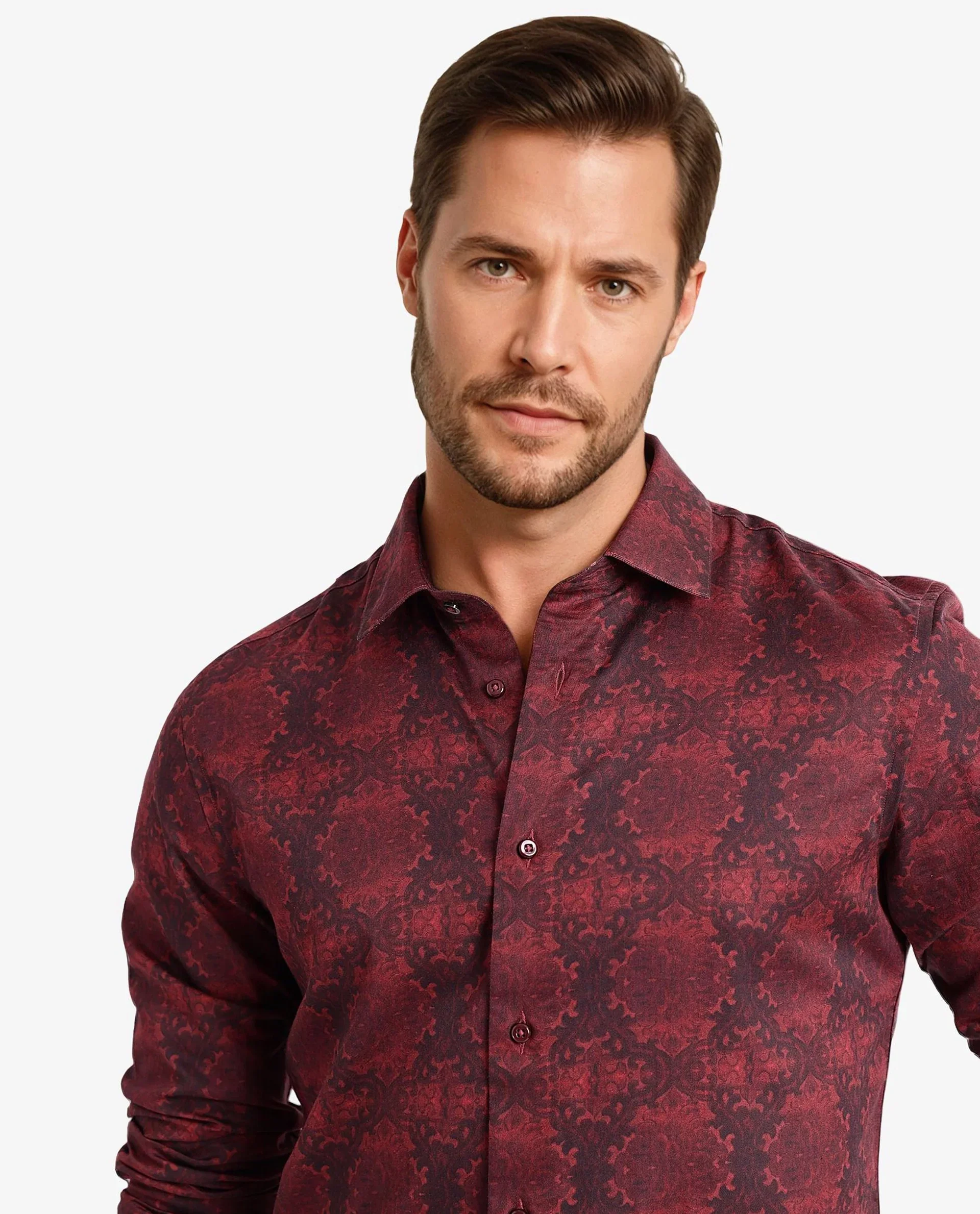 Rare Rabbit Men's Steno Maroon Cotton Decorative Print Regular Fit Full Sleeve Collared Shirt - Image 2