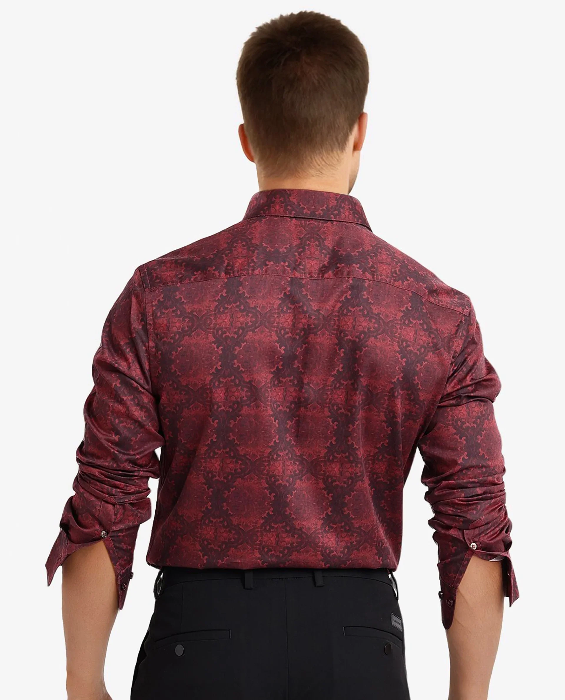 Rare Rabbit Men's Steno Maroon Cotton Decorative Print Regular Fit Full Sleeve Collared Shirt - Image 4