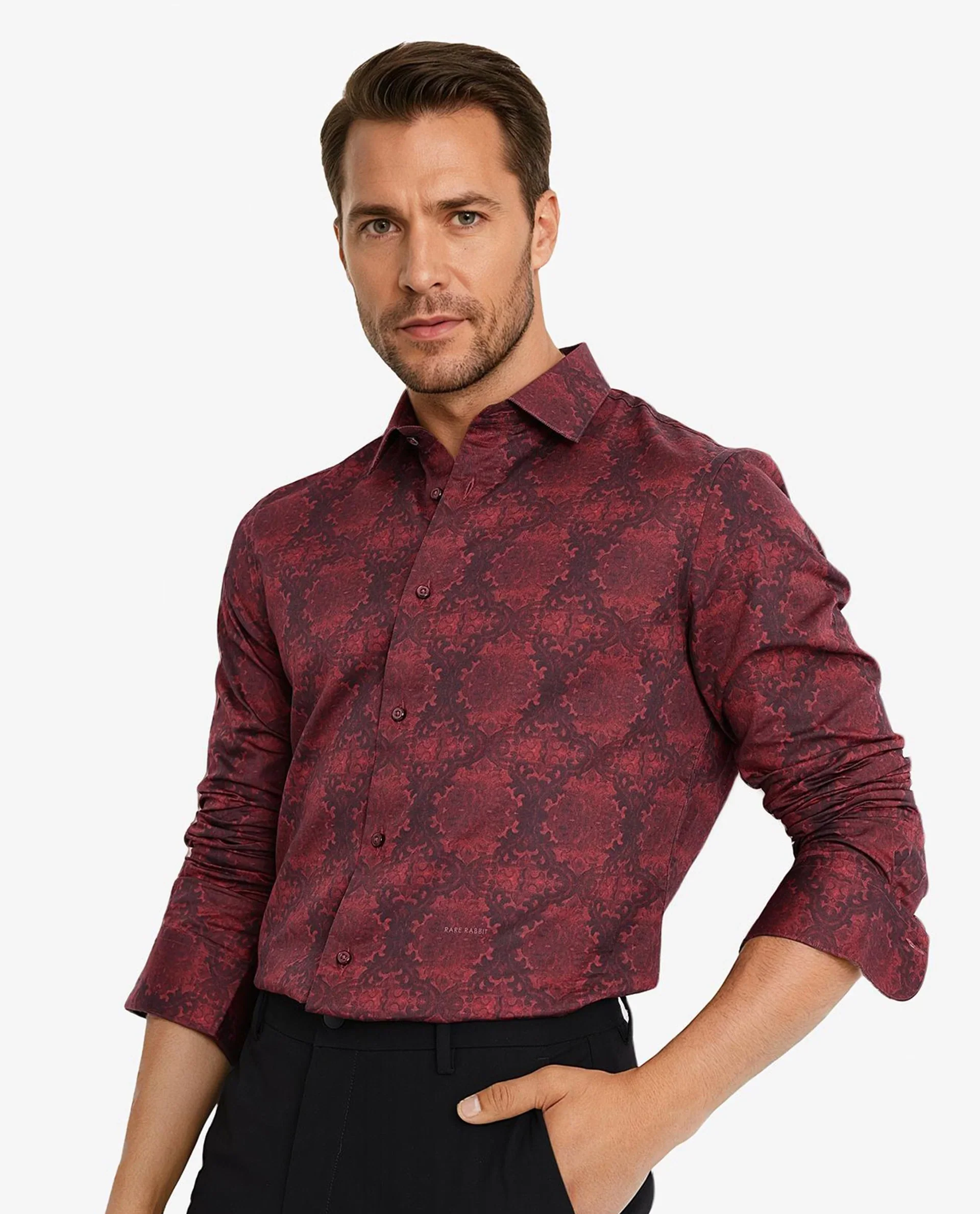 Rare Rabbit Men's Steno Maroon Cotton Decorative Print Regular Fit Full Sleeve Collared Shirt - Image 5