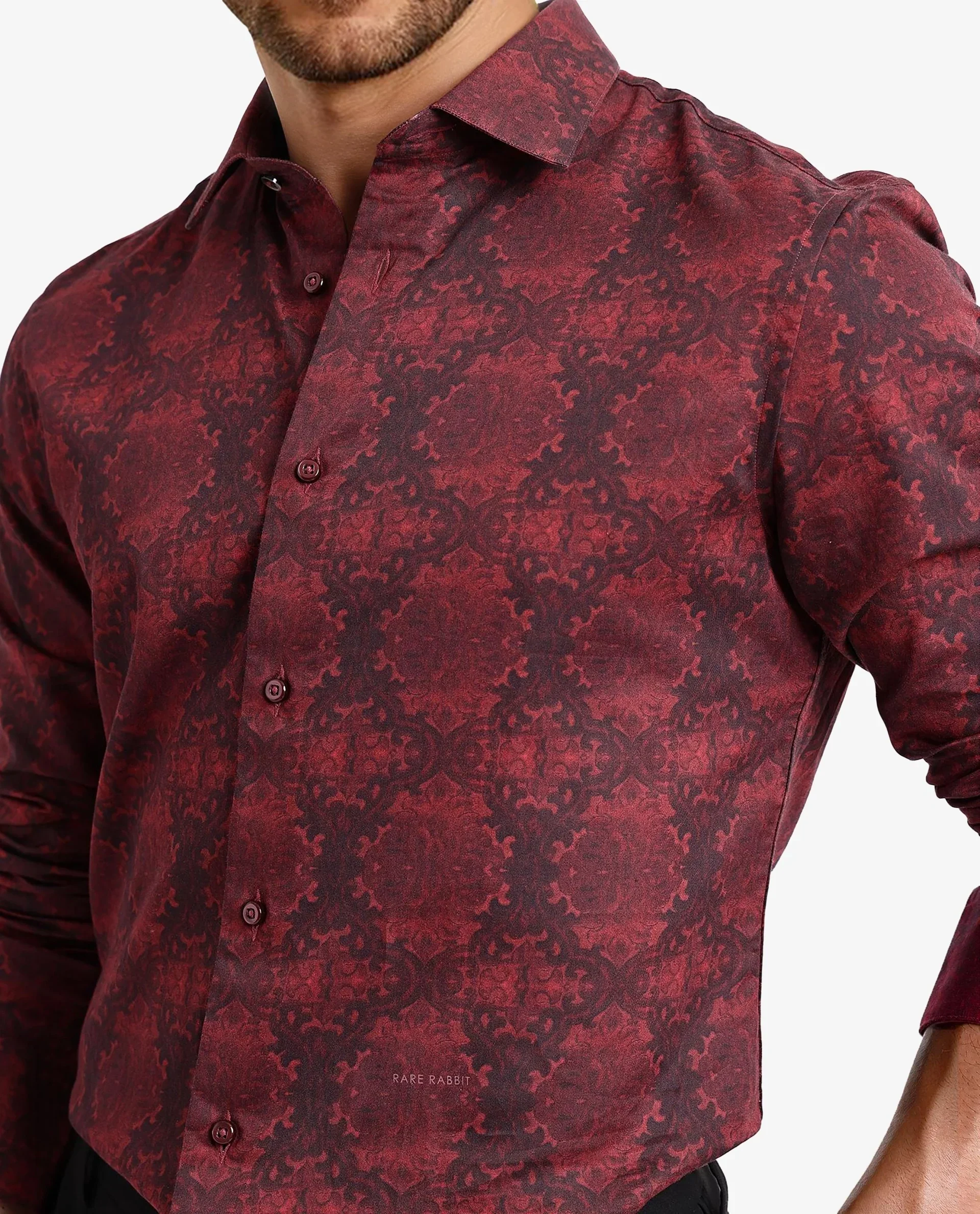 Rare Rabbit Men's Steno Maroon Cotton Decorative Print Regular Fit Full Sleeve Collared Shirt - Image 6