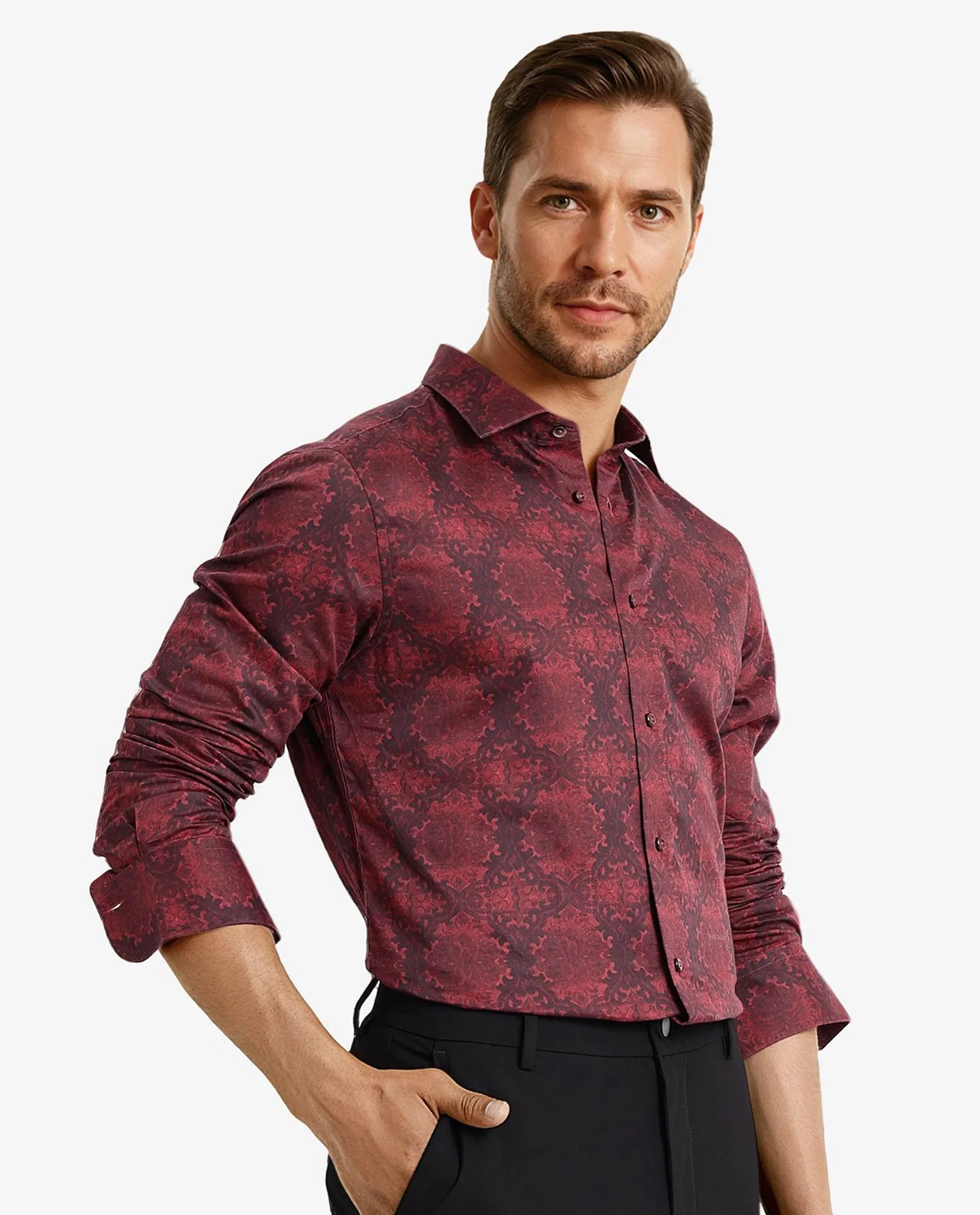 Rare Rabbit Men's Steno Maroon Cotton Decorative Print Regular Fit Full Sleeve Collared Shirt - Image 7