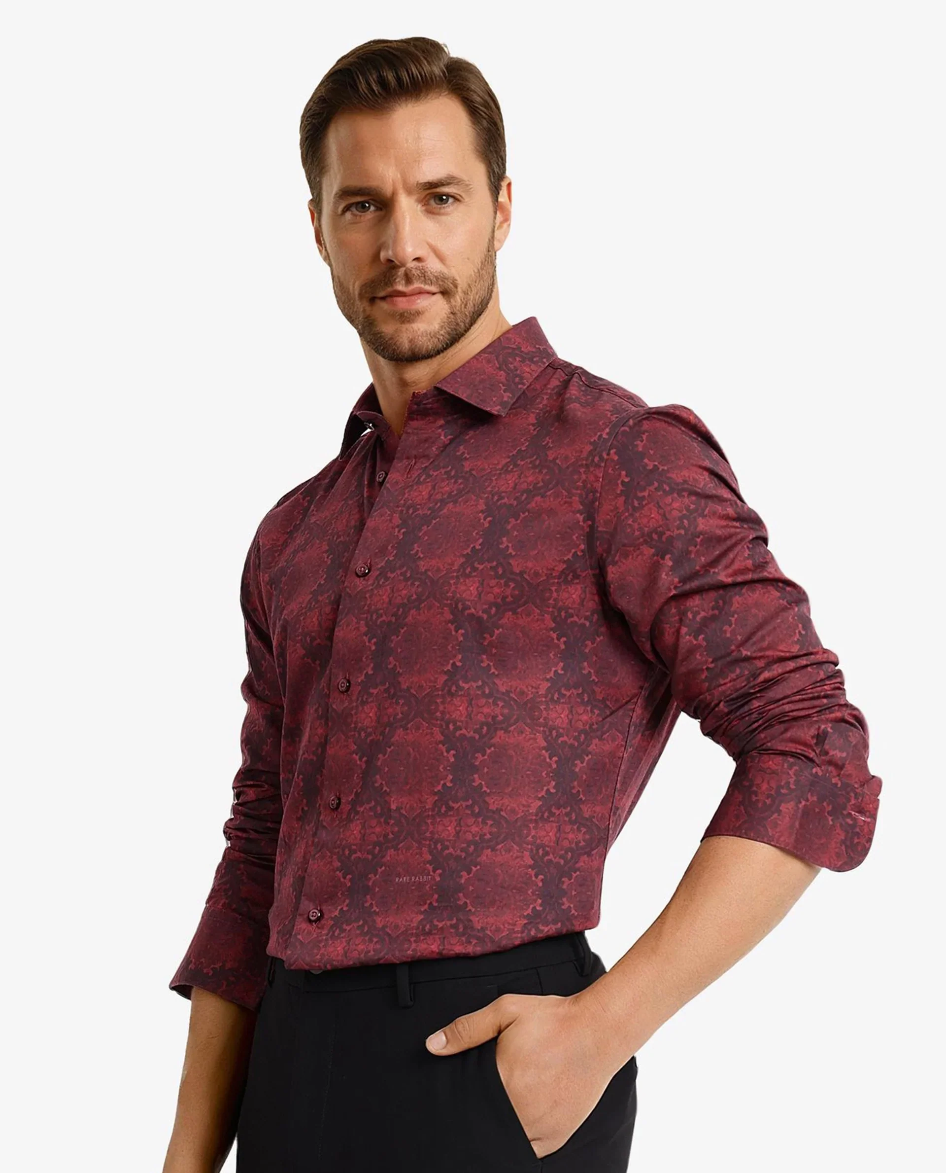 Rare Rabbit Men's Steno Maroon Cotton Decorative Print Regular Fit Full Sleeve Collared Shirt - Image 8