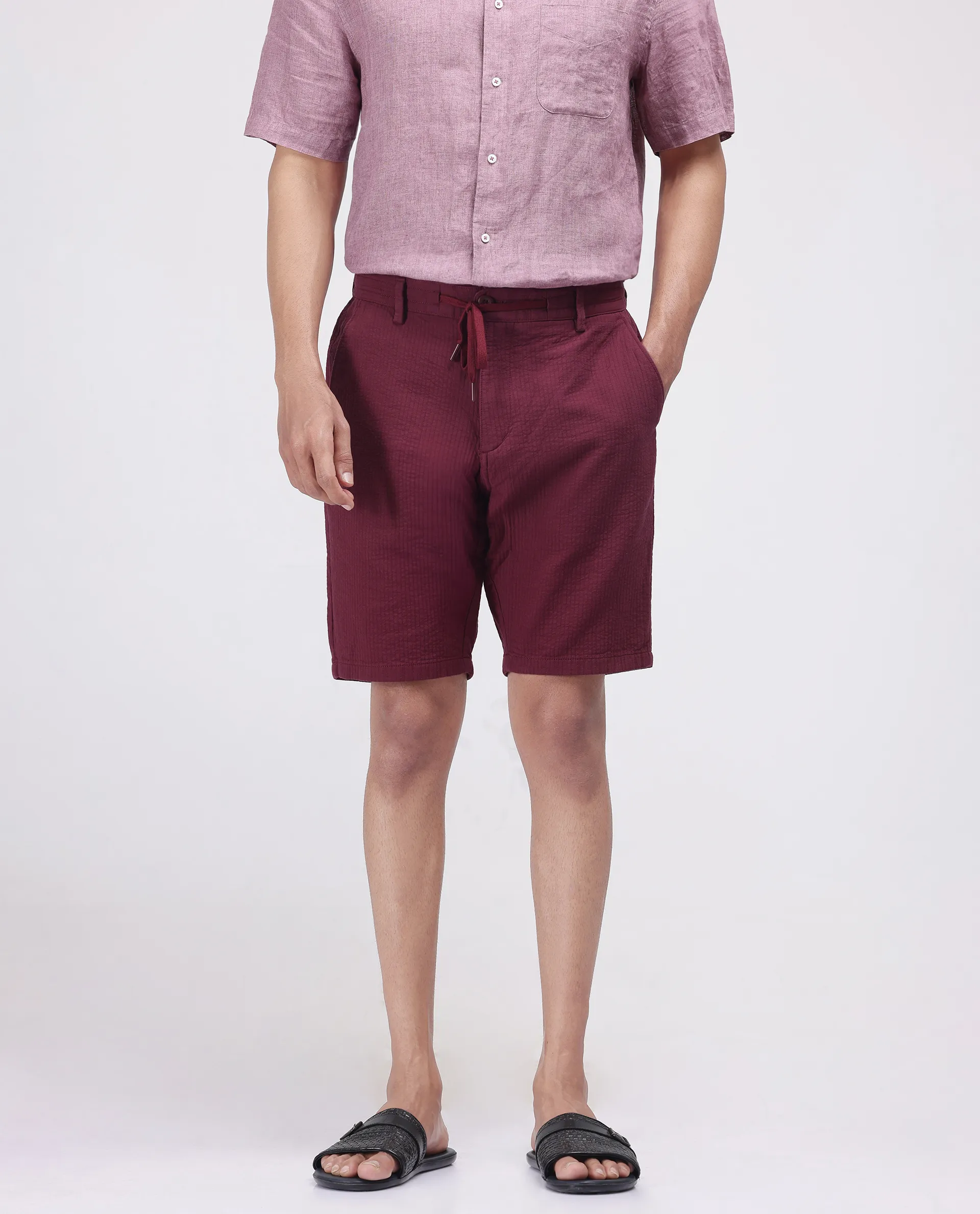 Rare Rabbit Men's Steo Maroon Cotton Blend Plain Relaxed Fit Shorts - Image 2