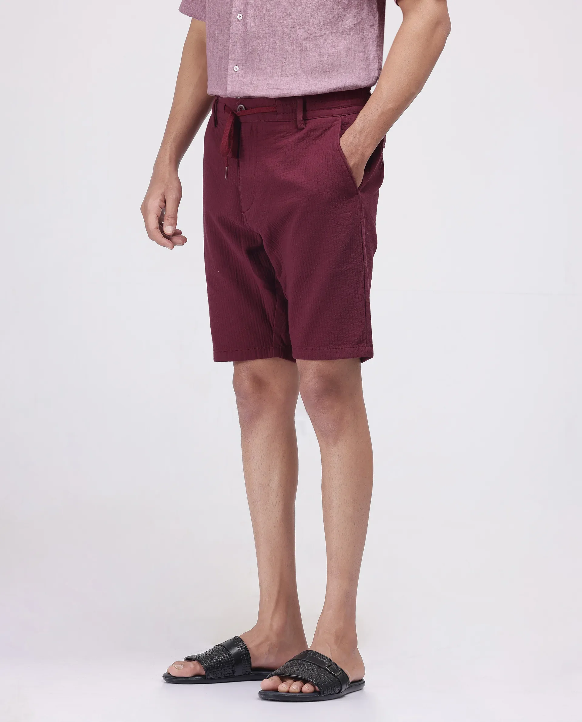 Rare Rabbit Men's Steo Maroon Cotton Blend Plain Relaxed Fit Shorts - Image 5