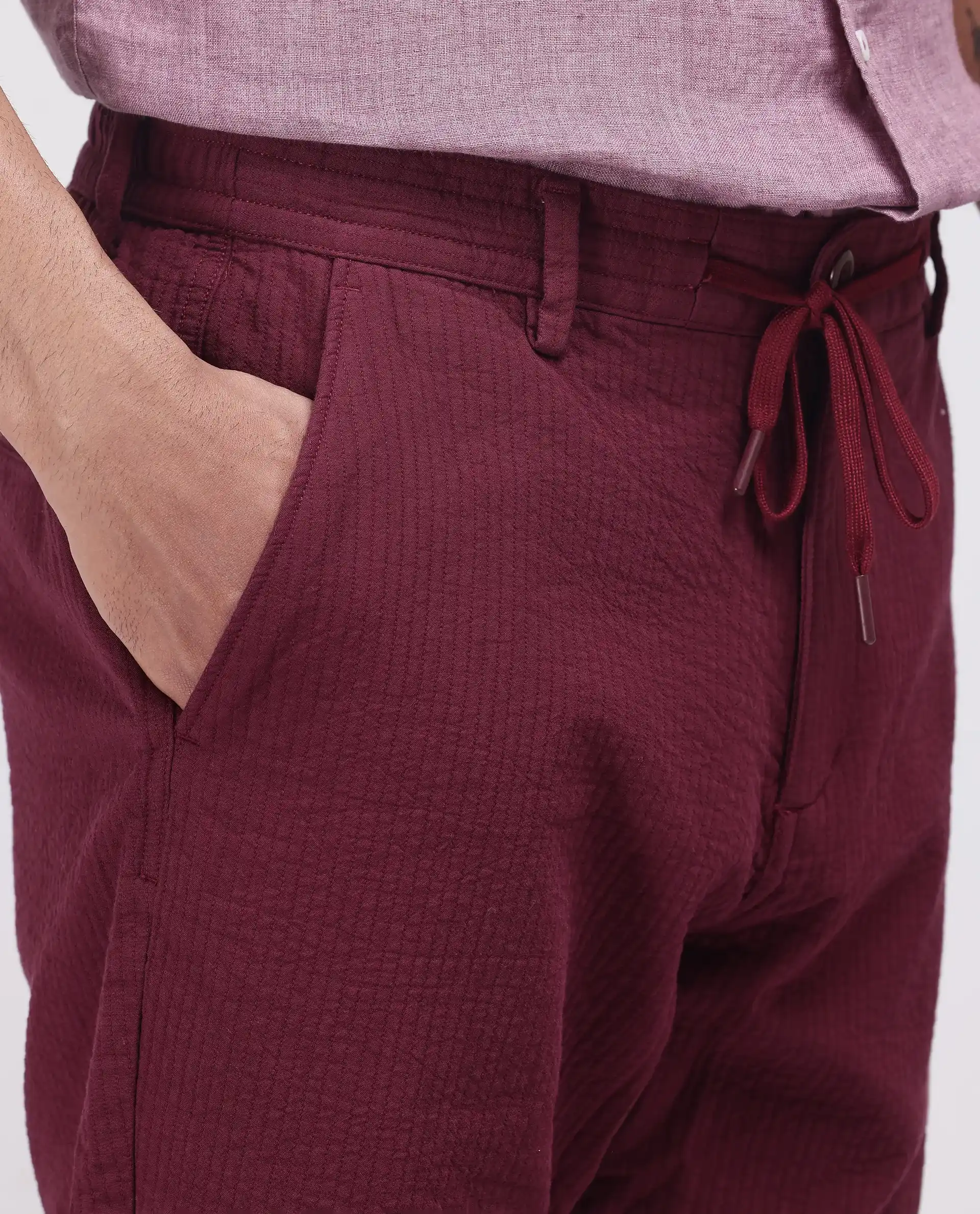 Rare Rabbit Men's Steo Maroon Cotton Blend Plain Relaxed Fit Shorts - Image 6