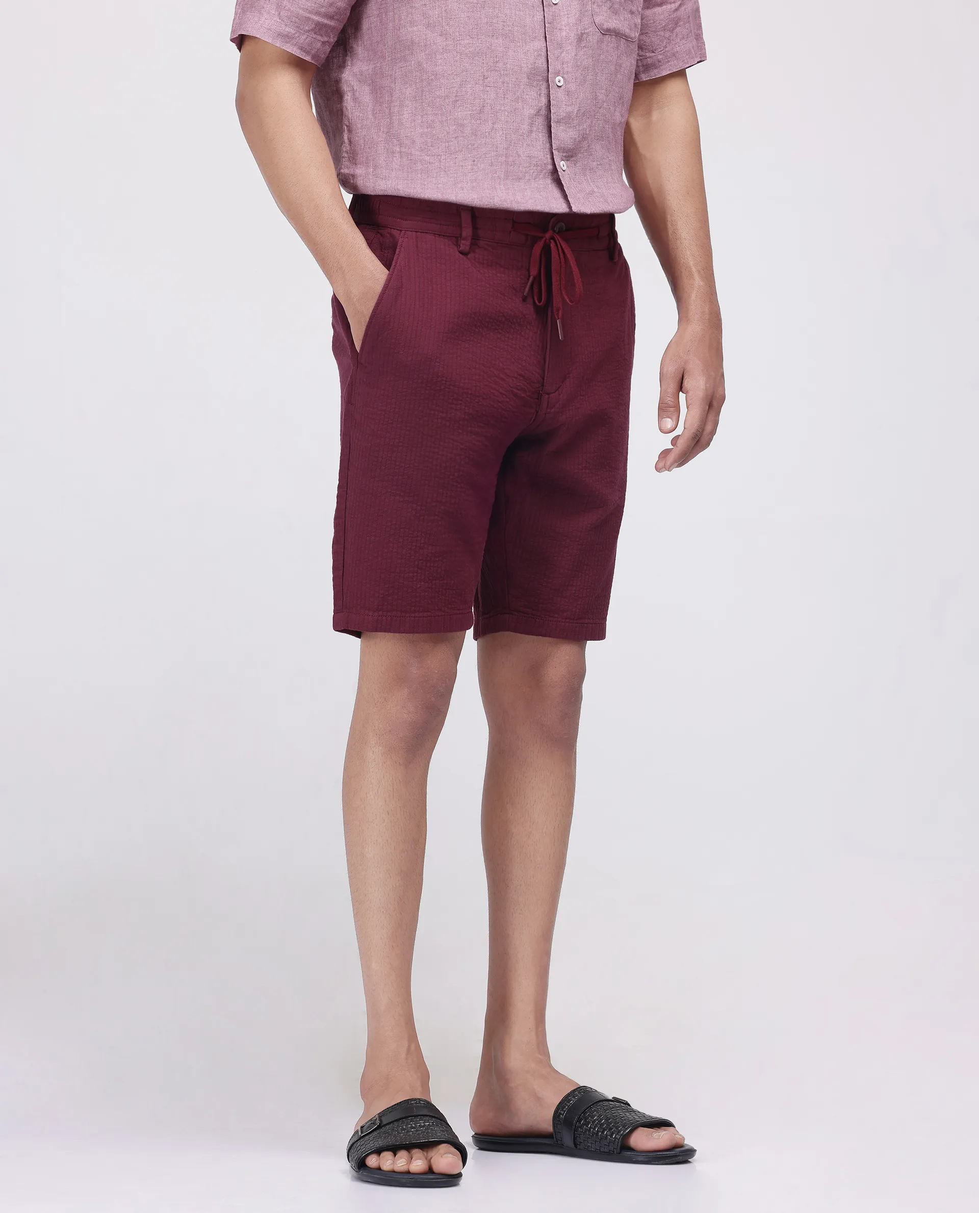 Rare Rabbit Men's Steo Maroon Cotton Blend Plain Relaxed Fit Shorts - Image 7