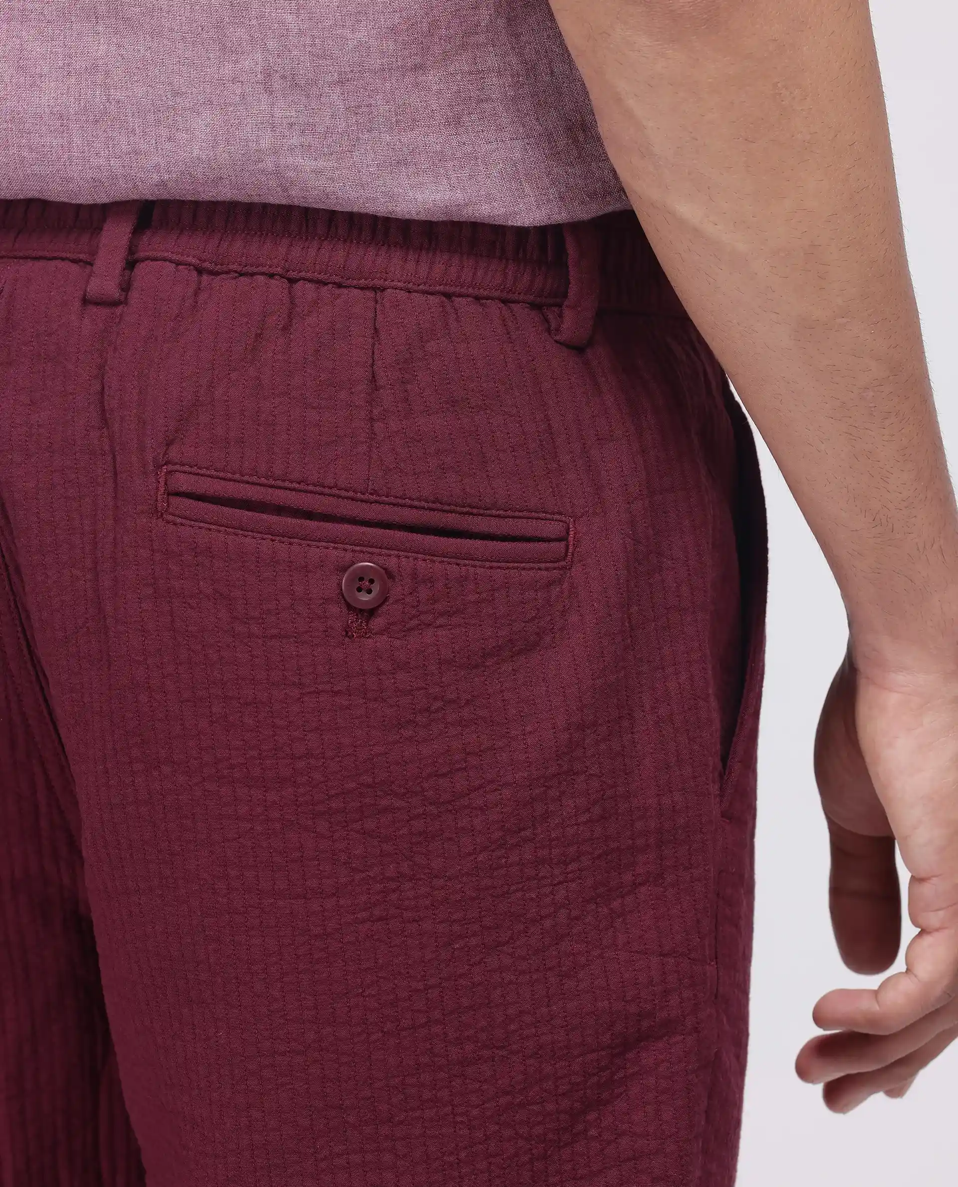 Rare Rabbit Men's Steo Maroon Cotton Blend Plain Relaxed Fit Shorts - Image 8