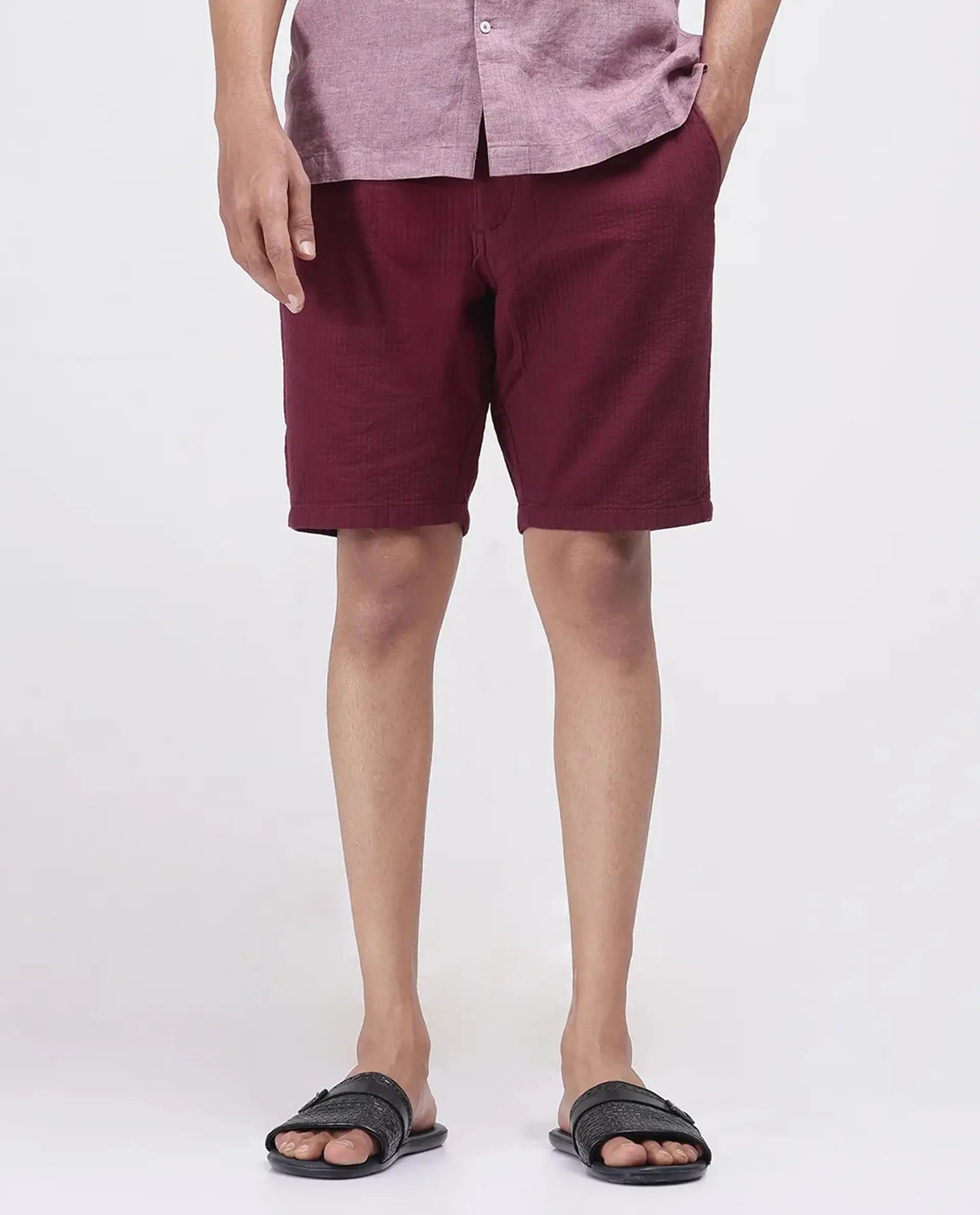 Rare Rabbit Men's Steo Maroon Cotton Blend Plain Relaxed Fit Shorts - Image 9