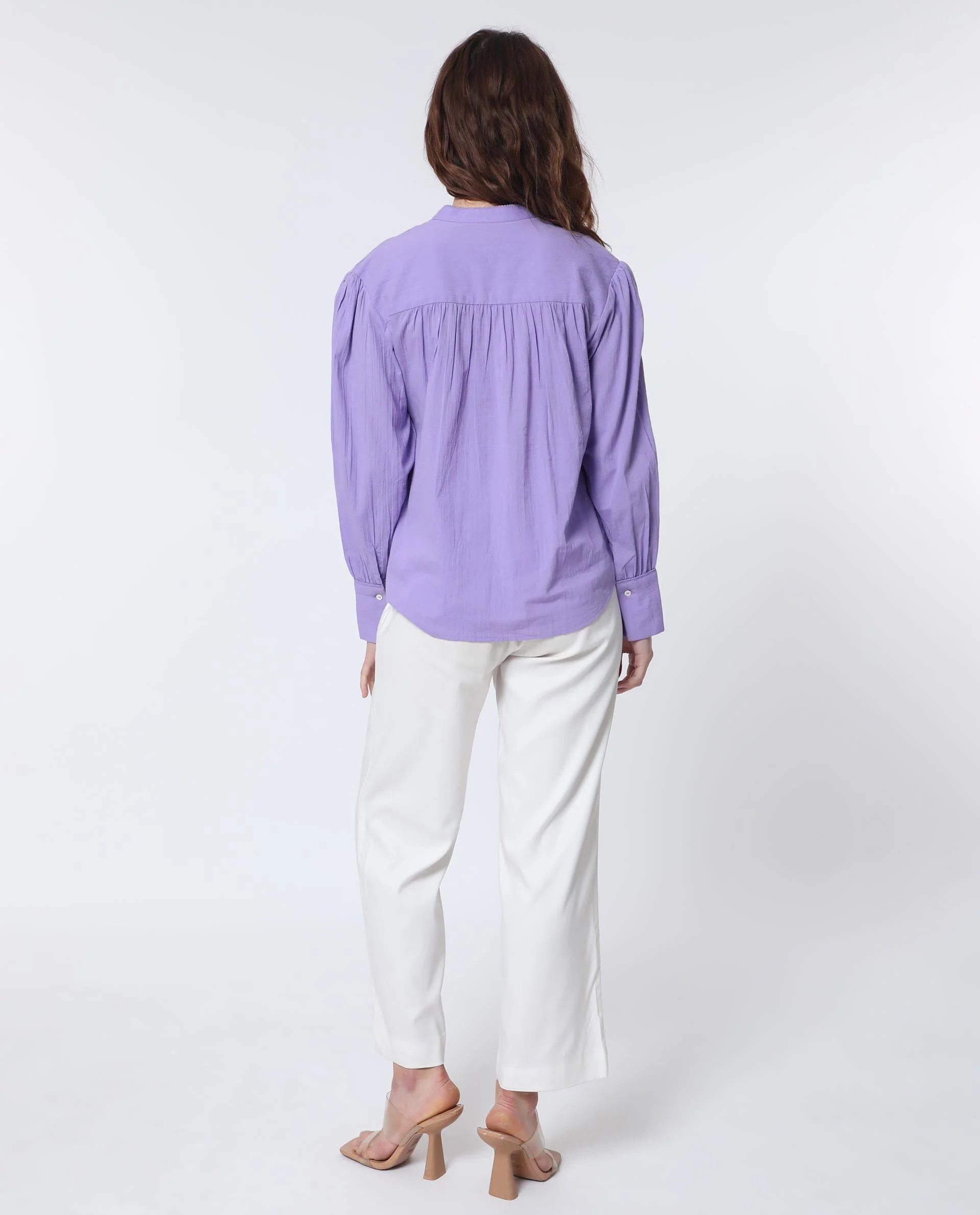 Rareism Women's Stern Light Purple Cotton Mandarin Collar Plain Bishop Sleeve Relaxed Fit Top - Image 10