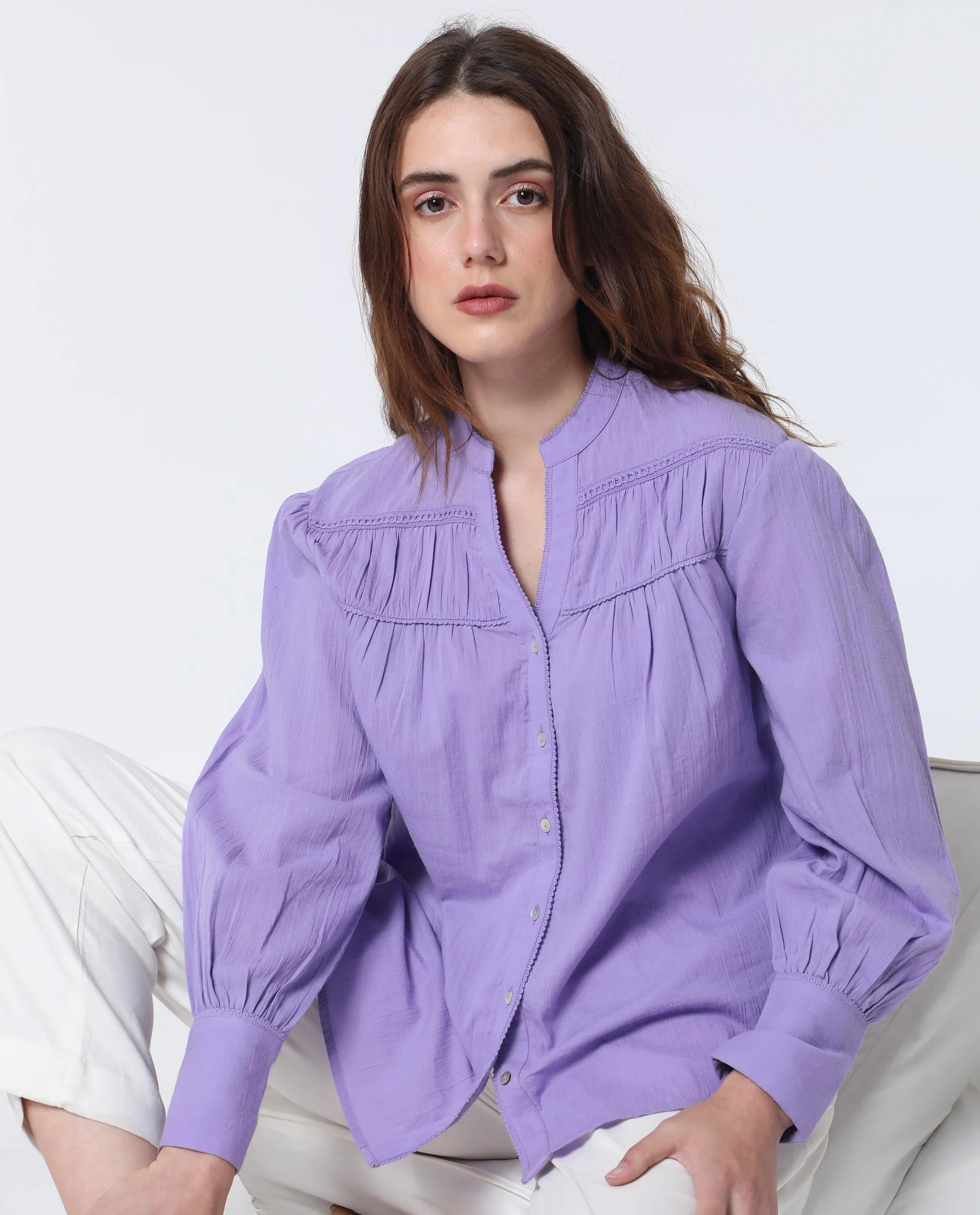 Rareism Women's Stern Light Purple Cotton Mandarin Collar Plain Bishop Sleeve Relaxed Fit Top - Image 2