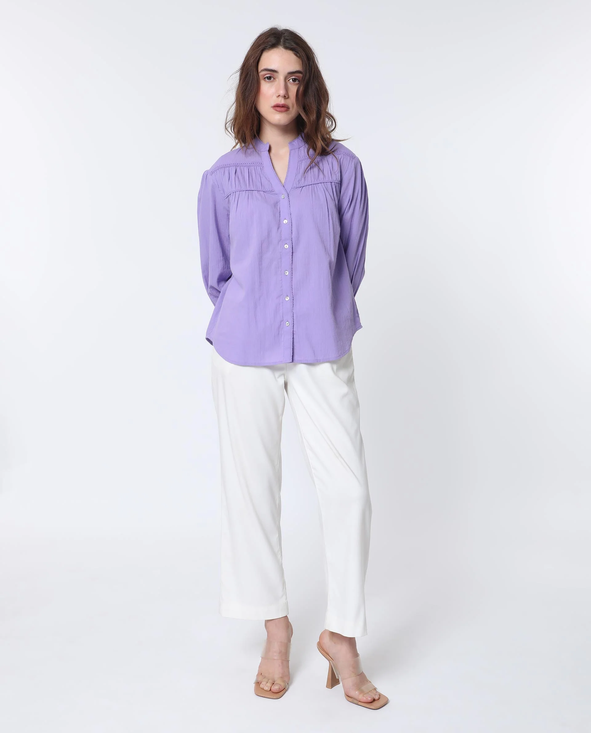 Rareism Women's Stern Light Purple Cotton Mandarin Collar Plain Bishop Sleeve Relaxed Fit Top - Image 3