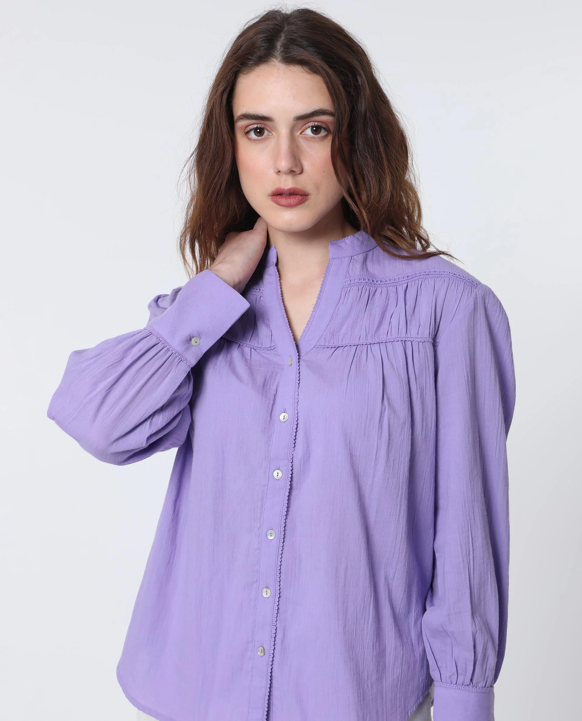 Rareism Women's Stern Light Purple Cotton Mandarin Collar Plain Bishop Sleeve Relaxed Fit Top - Image 4