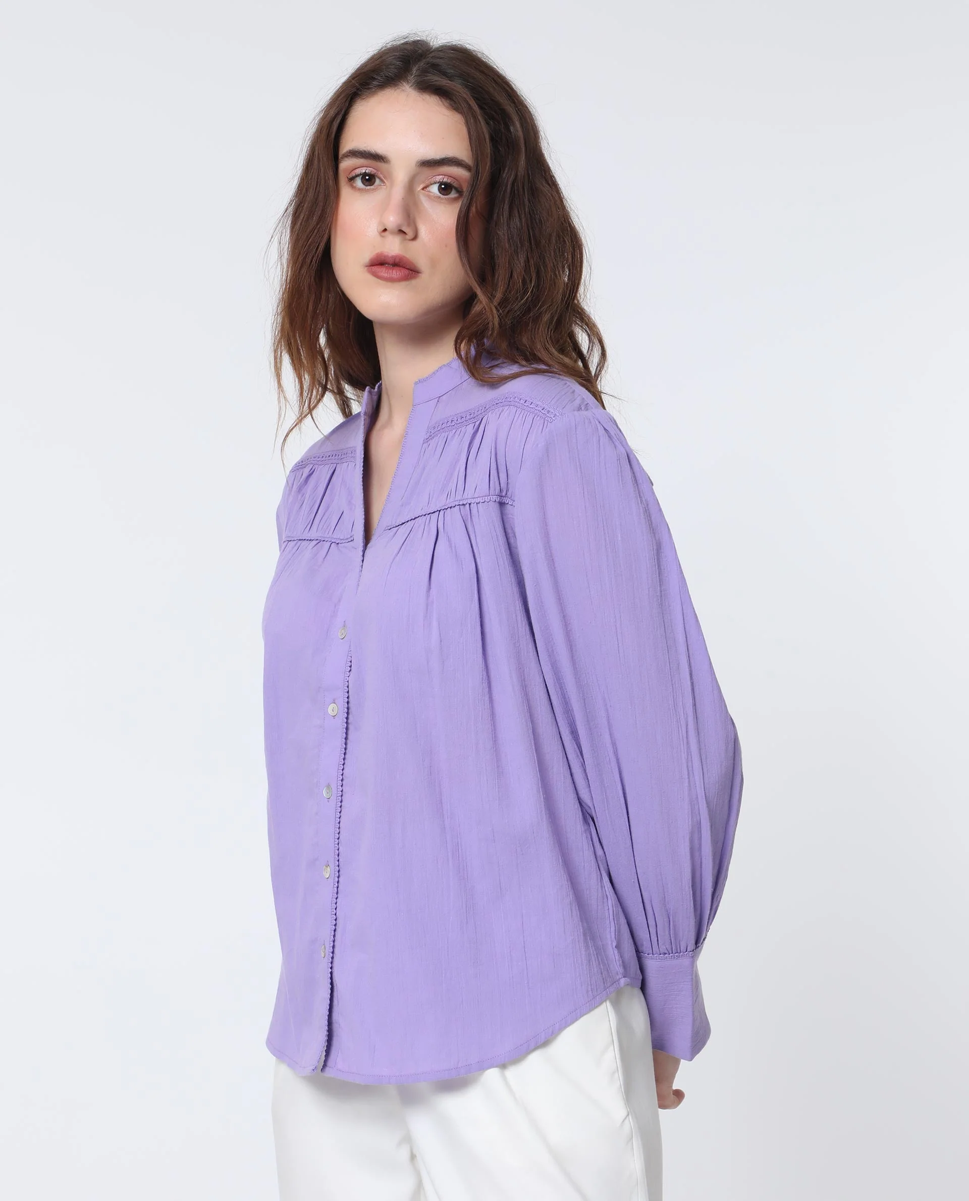 Rareism Women's Stern Light Purple Cotton Mandarin Collar Plain Bishop Sleeve Relaxed Fit Top - Image 5