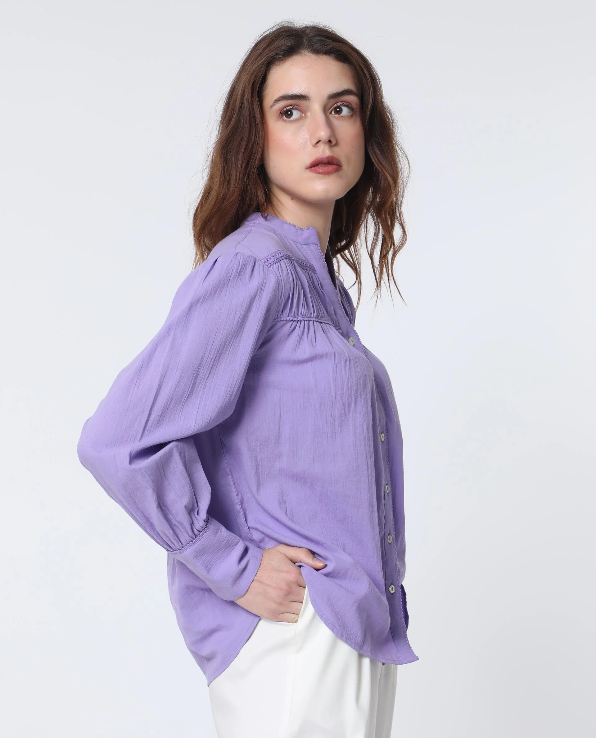 Rareism Women's Stern Light Purple Cotton Mandarin Collar Plain Bishop Sleeve Relaxed Fit Top - Image 6