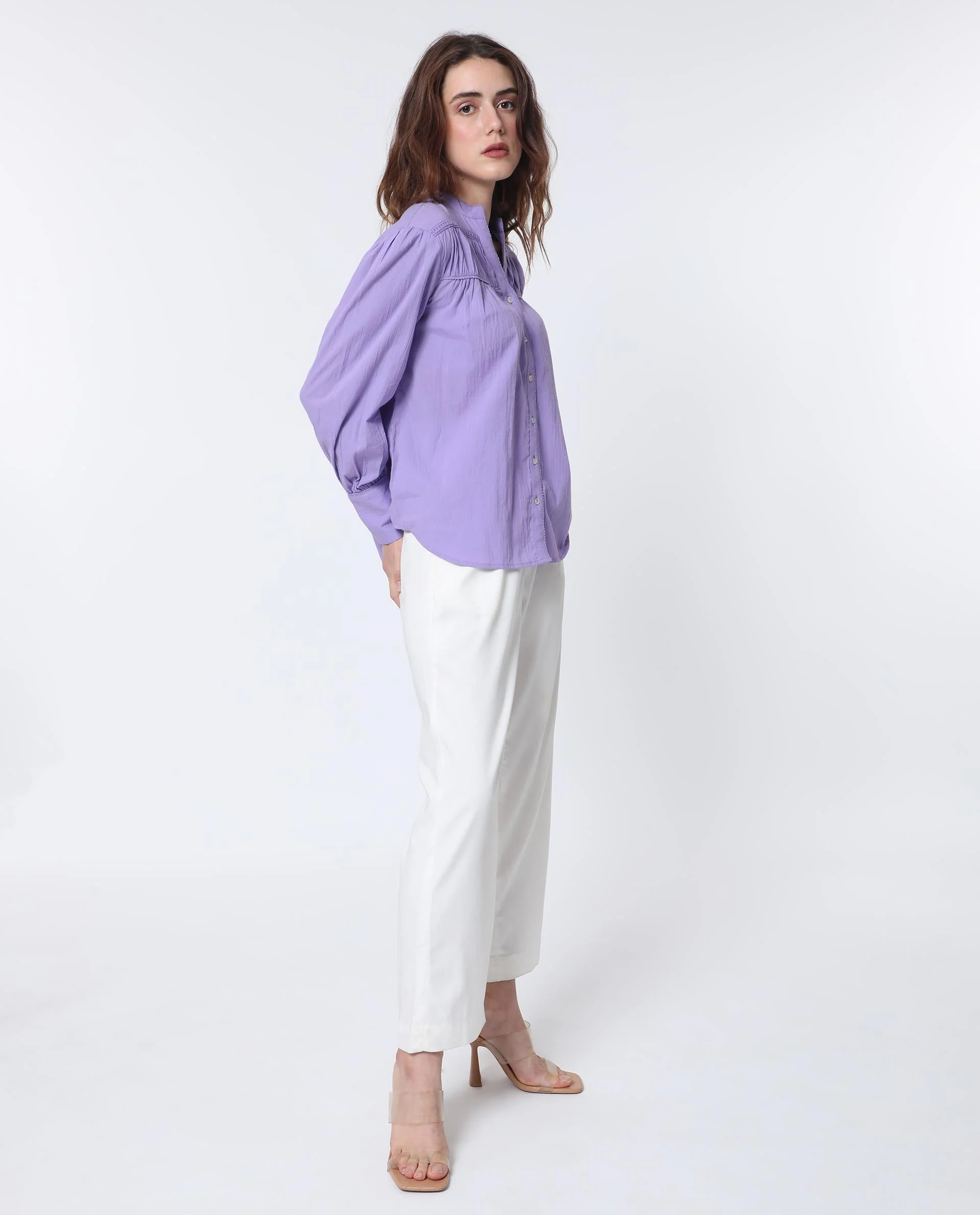 Rareism Women's Stern Light Purple Cotton Mandarin Collar Plain Bishop Sleeve Relaxed Fit Top - Image 7