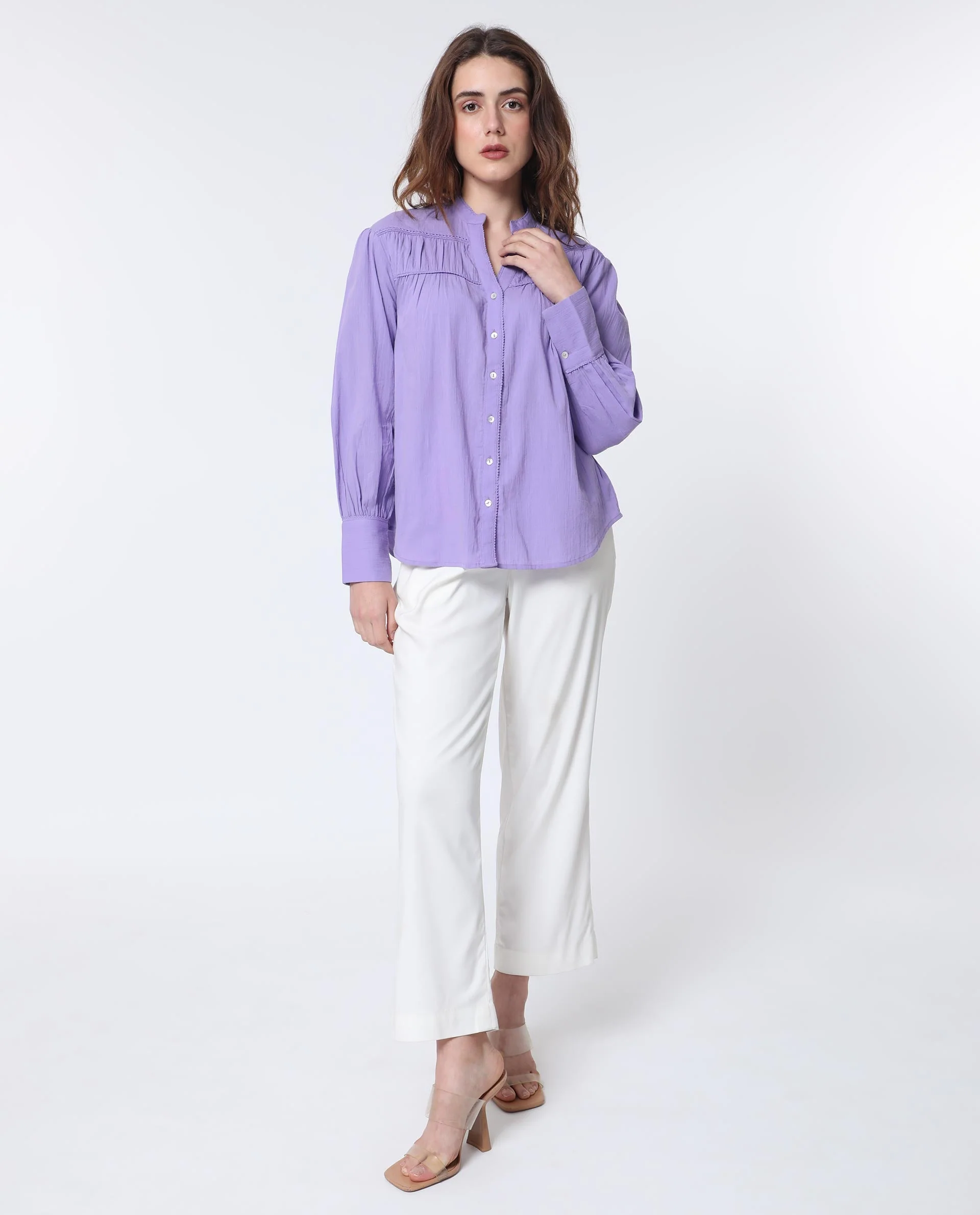 Rareism Women's Stern Light Purple Cotton Mandarin Collar Plain Bishop Sleeve Relaxed Fit Top - Image 8
