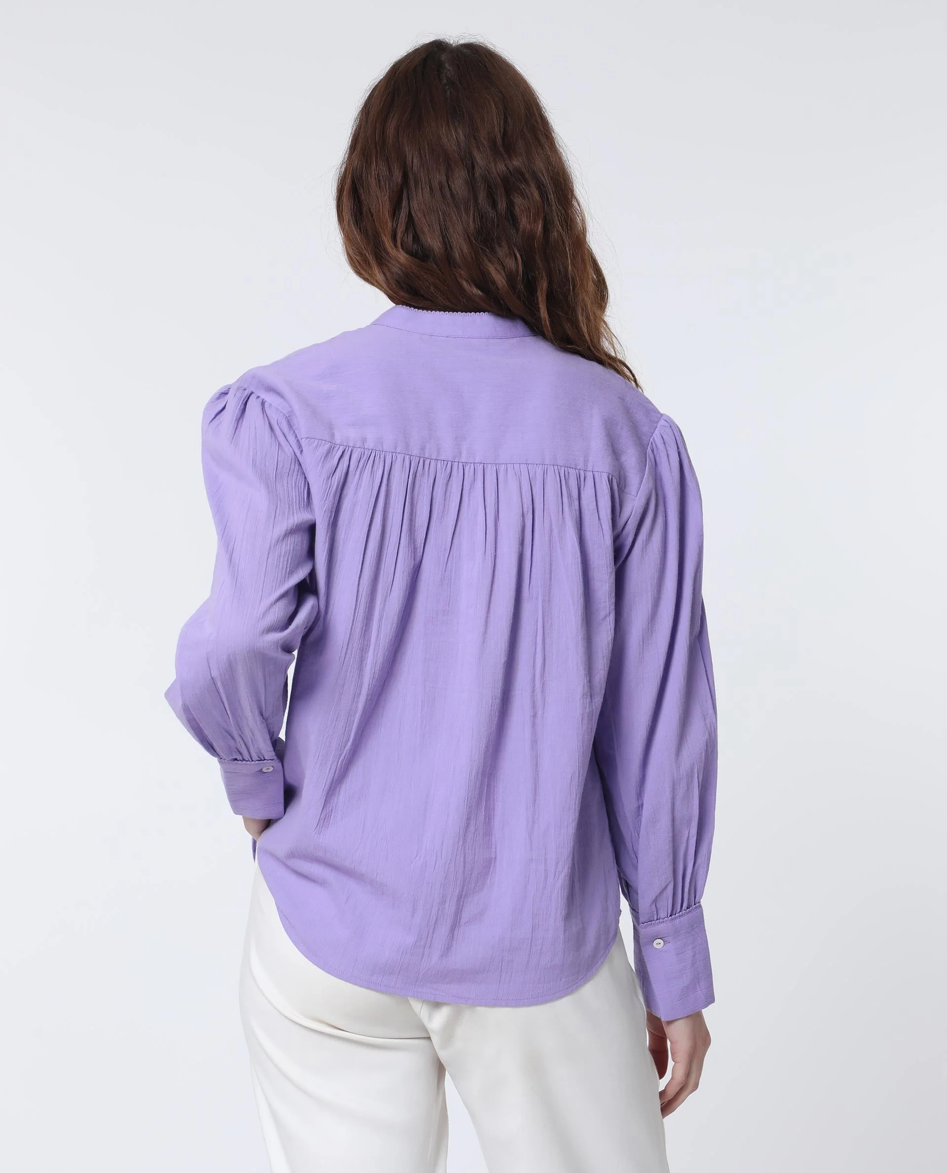 Rareism Women's Stern Light Purple Cotton Mandarin Collar Plain Bishop Sleeve Relaxed Fit Top - Image 9