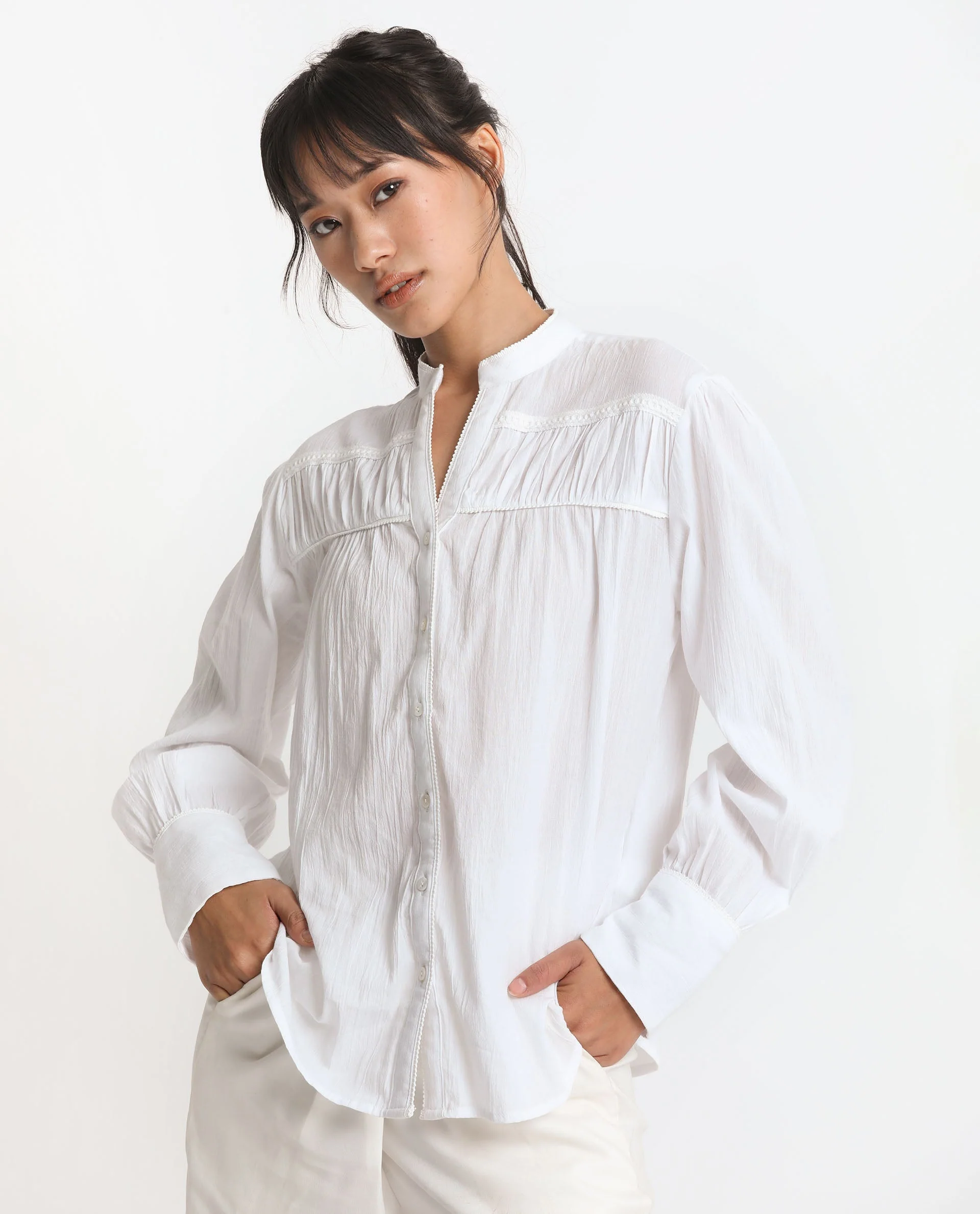 Rareism Women's Stern White Cotton Mandarin Collar Plain Bishop Sleeve Relaxed Fit Top